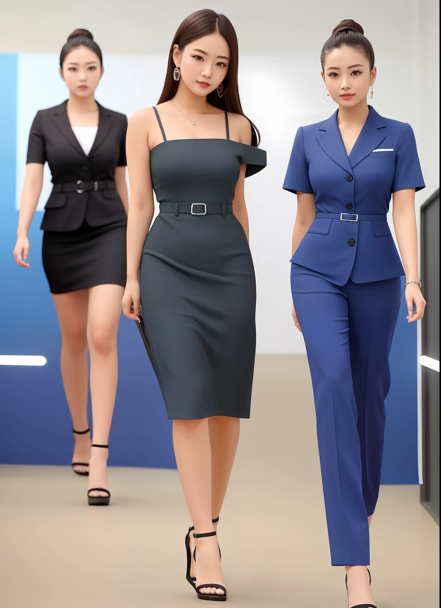 Office industry, professional uniform, full set, fashionable style, clear lines, background blue, simple atmosphere, require a full set of effects, use more suitable models to show, walking on the catwalk, catwalk walking, stage walking, the front can see the overall effect, the customer wants the overall effect, the customer requires the front, the overall effect can be seen clearly, can see the style at a glance,