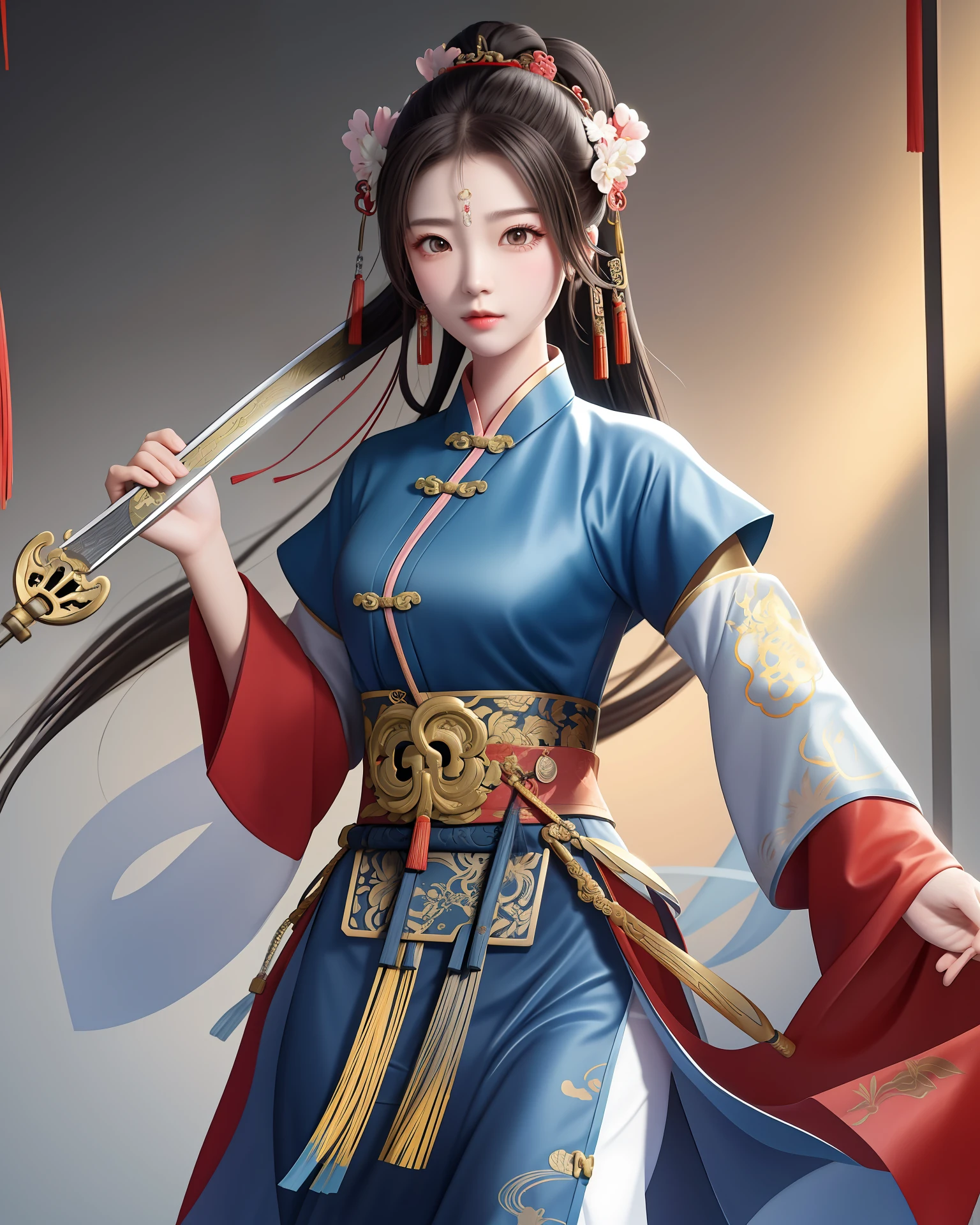 Ancient Chinese background, high ponytailed female general, holding a silver spear