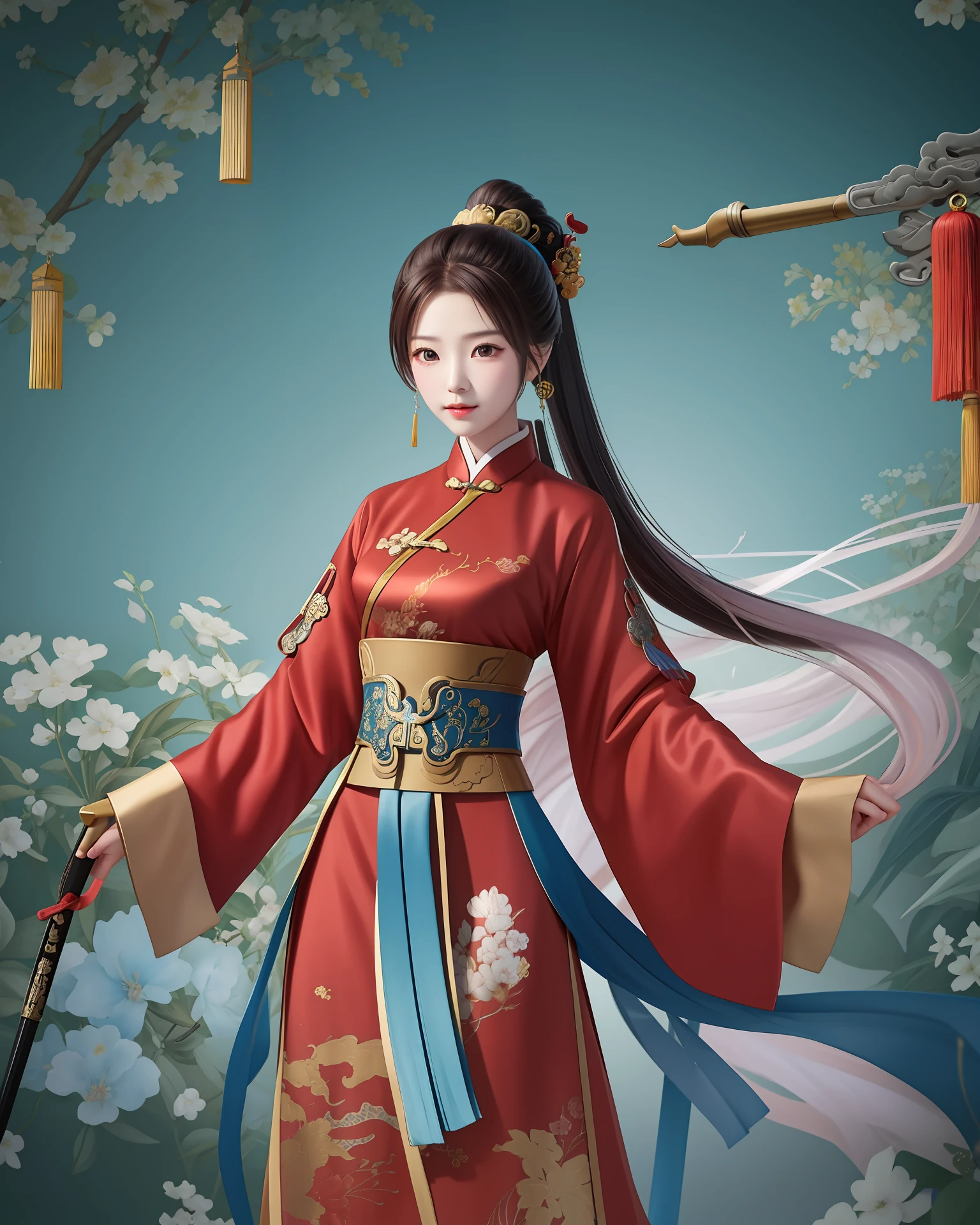 Ancient Chinese background, high ponytailed female general, holding a silver spear