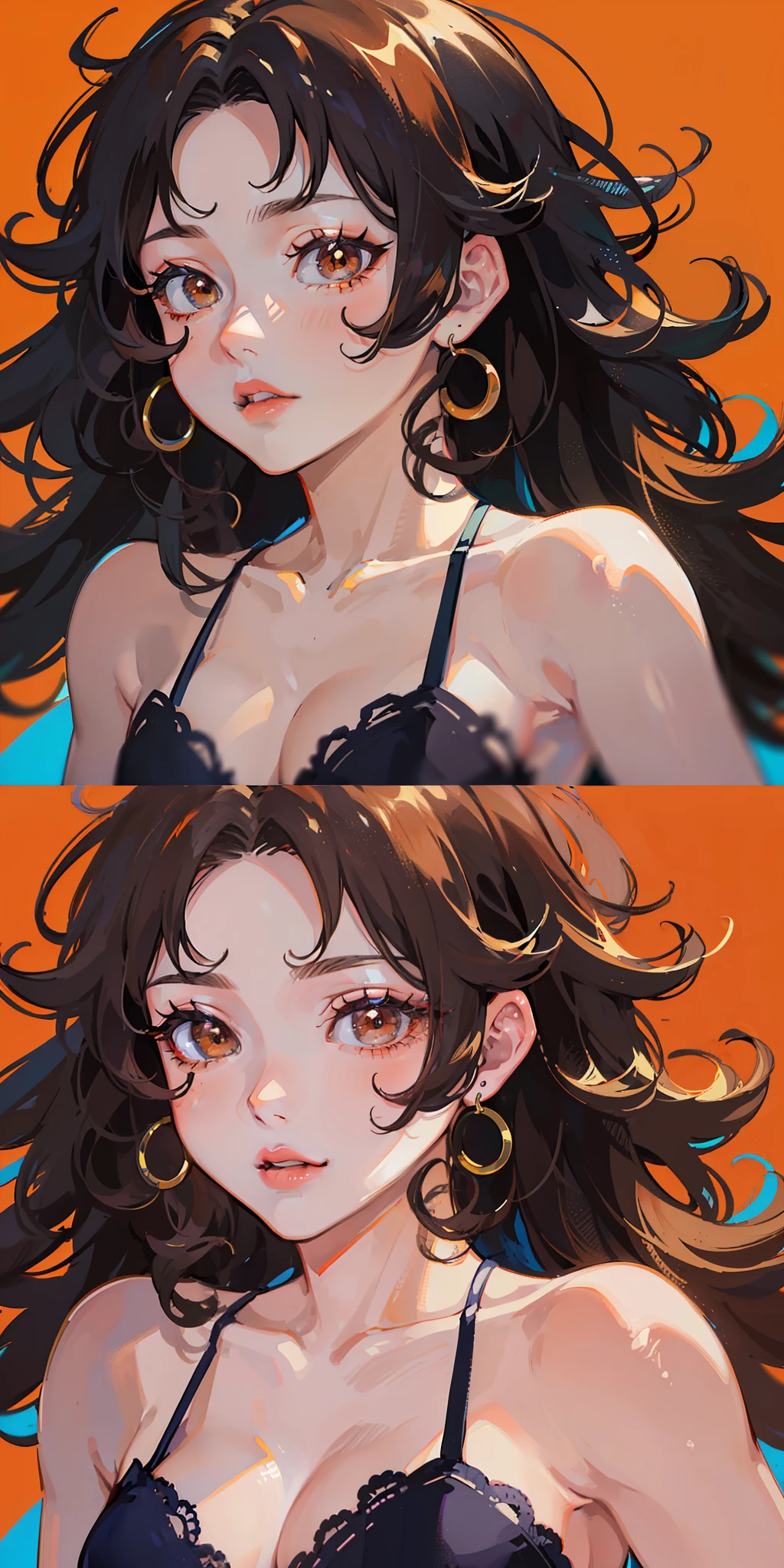 ((masterpiece)), ((best quality)), ((anime)), ((old effect)), ((90s anime)), girl, ((orange skin)), ((brown eyes) ), ((perfect)), eyebrow, nose, ear, mouth, lips, ((curly hair)), neck, shoulders, ((arms)), ((random background color)), lustful,
