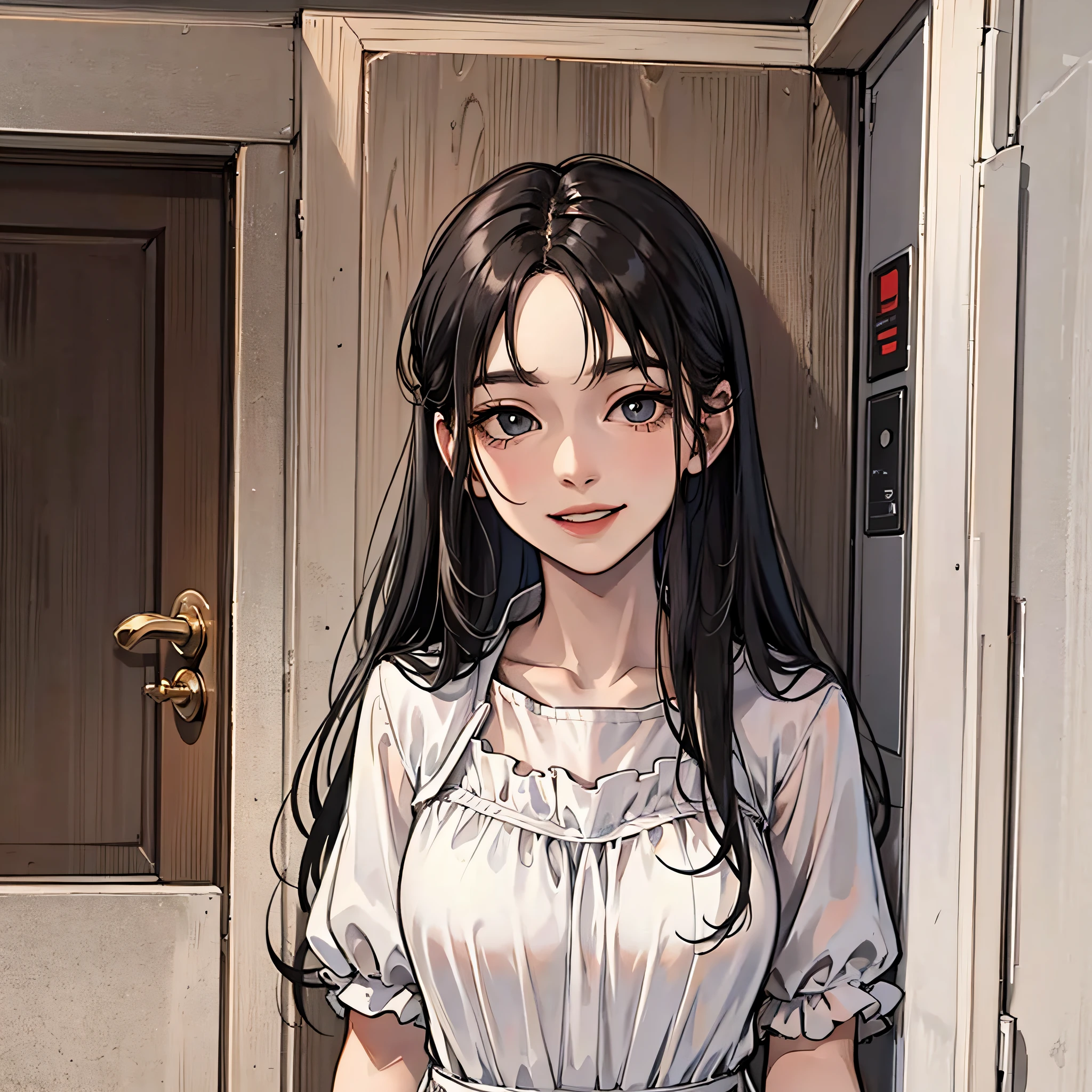 A woman with long black hair, wearing a white dress, stood outside the house, facing the doorway, looking at the camera, with a happy expression