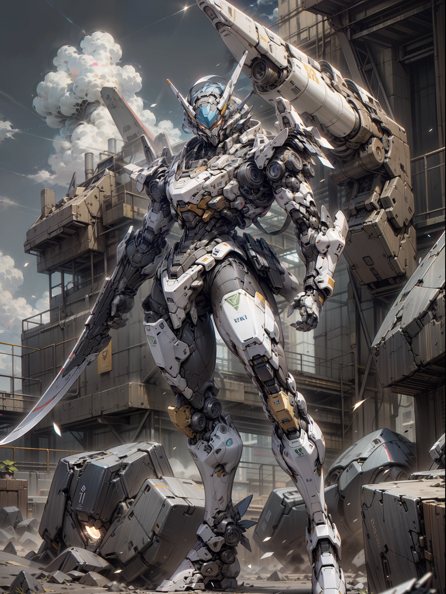 ((Best Quality)), ((Master Works)), (Very Detailed: 1.3), 8K, cool painting, full of sci-fi atmosphere, blue mecha looking up sideways at the sky, blue, gilded blue, holding a sword, swords scattered, streamlined blue armor, complex weapons and equipment behind it, Gundam humanoid mech, anime mecha aesthetics, perfect body proportions, head-up view, standing posture, military giant mecha, missiles, rocks, futuristic technology, realism, dark clouds in the sky, dark war background, Ray Tracing, Light Particle, NVIDIA Trtx, Super Resolution, Unreal 5, Subsurface Scattering, Specular and Albedo Mapping, Rule of Thirds, Large Aperture, Battle Stance, 8K Raw Data, High Efficiency Subpixels, Subpixel Convolution, Light Particle, Light Scattering, Tyndall Effect, Ray Tracing.