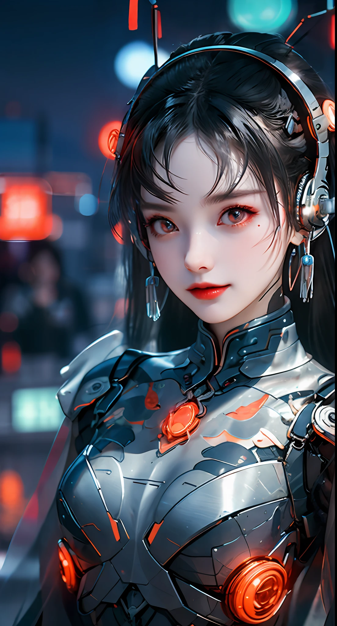 1 girl, Chinese_clothes, liquid silver and orange, cyberhan, cheongsam, cyberpunk city, dynamic pose, glowing headphones, glowing hair accessories, long hair, glowing earrings, glowing necklace, cyberpunk, high-tech city, full of mechanical and futuristic elements, futurism, technology, glowing neon, orange, orange light, transparent tulle, transparent streamers, laser, digital background urban sky, big moon, with vehicles, best quality, masterpiece, 8K, character edge light, Super high detail, high quality, the most beautiful woman in human beings, micro smile, symmetrical left and right face, an antenna for ears, beautiful pupil light effects, visual data