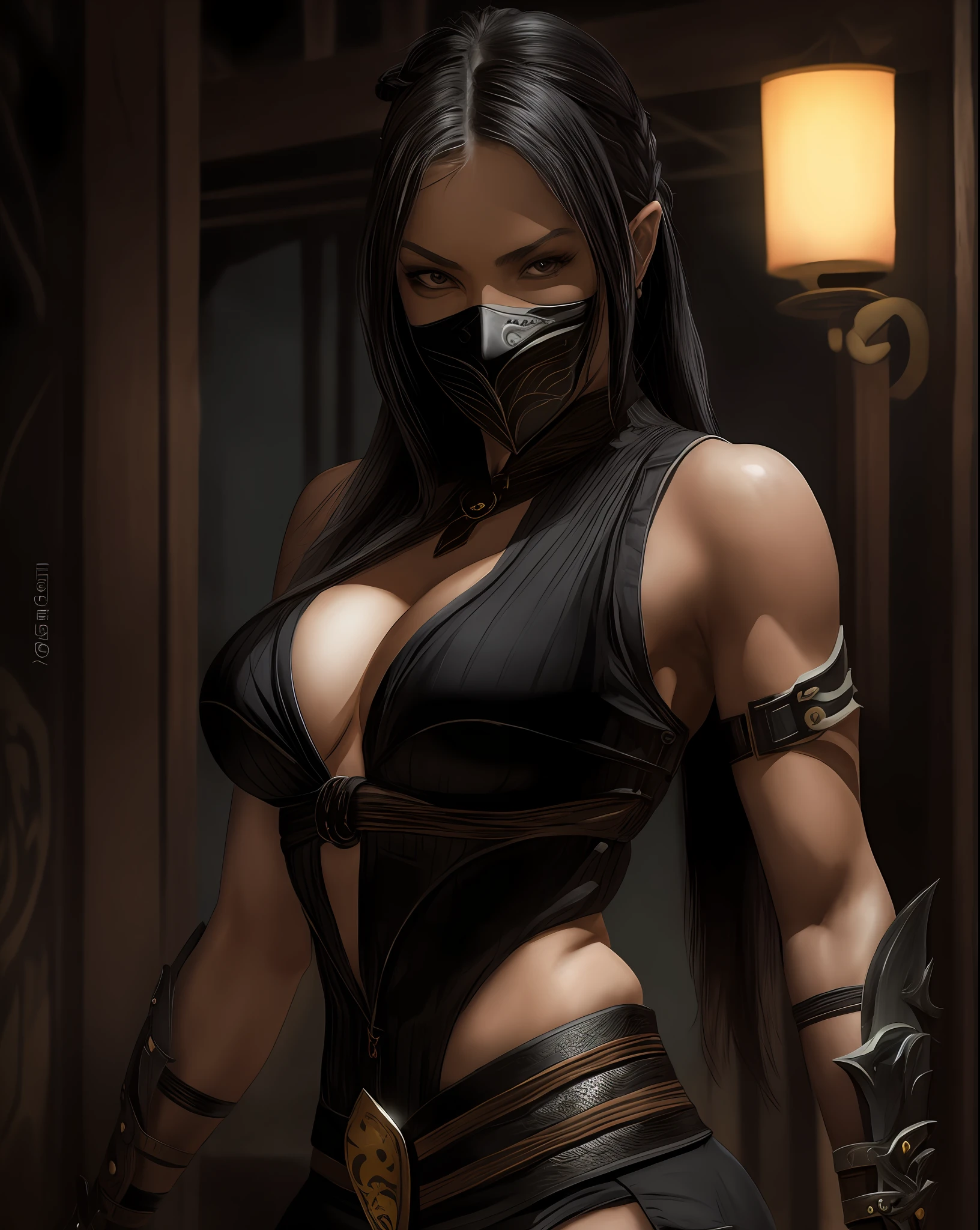 Ninja, western woman, beautiful woman, woman with black mask, long black hair with braid and loose fringe locks, black corset, black mask, big breasts, mortal kombat style, realistic, 1girl, background garden, posing for photo, katana in hand