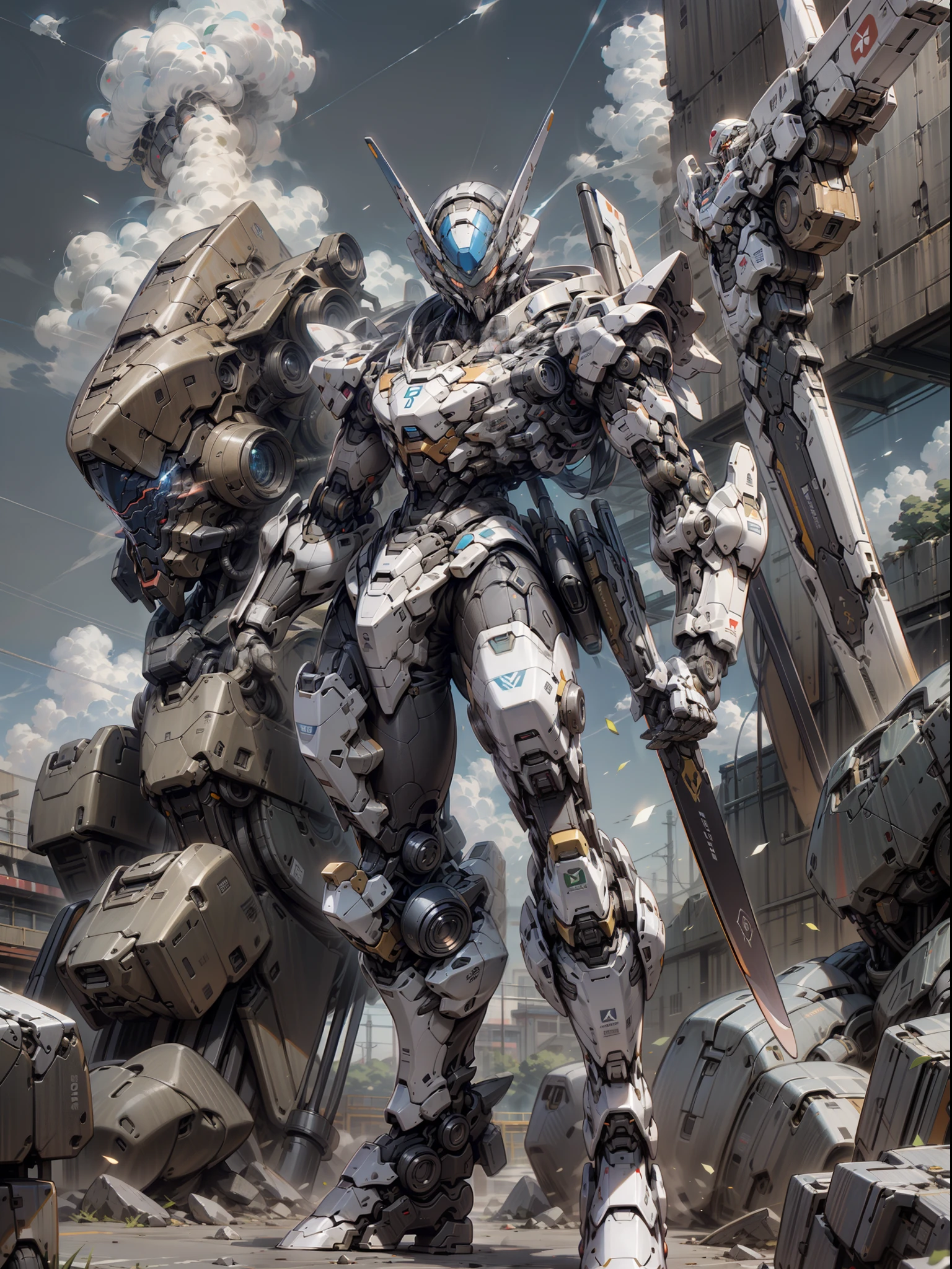 ((Best Quality)), ((Master Works)), (Very Detailed: 1.3), 8K, cool painting, full of sci-fi atmosphere, blue mecha looking up sideways at the sky, blue, gilded blue, holding a sword, swords scattered, streamlined blue armor, complex weapons and equipment behind it, Gundam humanoid mech, anime mecha aesthetics, perfect body proportions, head-up view, standing posture, military giant mecha, missiles, rocks, futuristic technology, realism, dark clouds in the sky, dark war background, Ray Tracing, Light Particle, NVIDIA Trtx, Super Resolution, Unreal 5, Subsurface Scattering, Specular and Albedo Mapping, Rule of Thirds, Large Aperture, Battle Stance, 8K Raw Data, High Efficiency Subpixels, Subpixel Convolution, Light Particle, Light Scattering, Tyndall Effect, Ray Tracing.