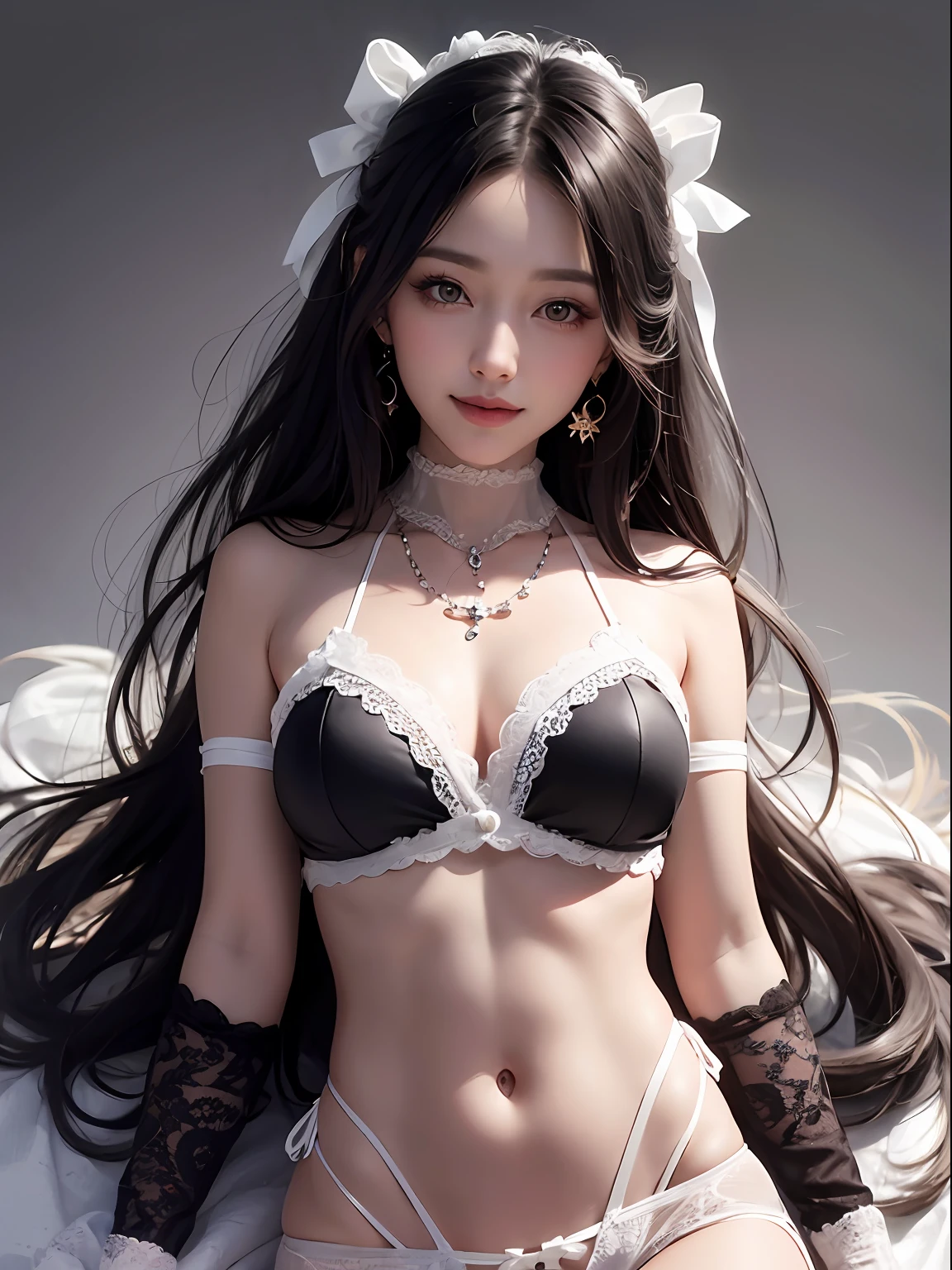 black hair, hair bobbles, long eyelashes, solid circle eyes, light smile, multiple hair bows, navel, realism, drop shadow, dutch angle, 8k, super detail, ccurate, best quality, (white theme:1.4)