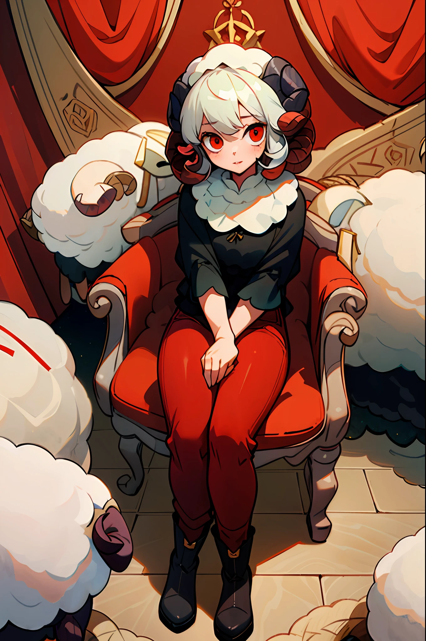 ((Girl with sheep features):1.5) ,curly hair, (wearing a wool blouse:1.4), ((red eyes):1.3),jeans, black boot, sexy pose, looking at the viewer, in the (star room) , dark plank floor, sitting in the (armchair/modern), arms propped up on the armchair