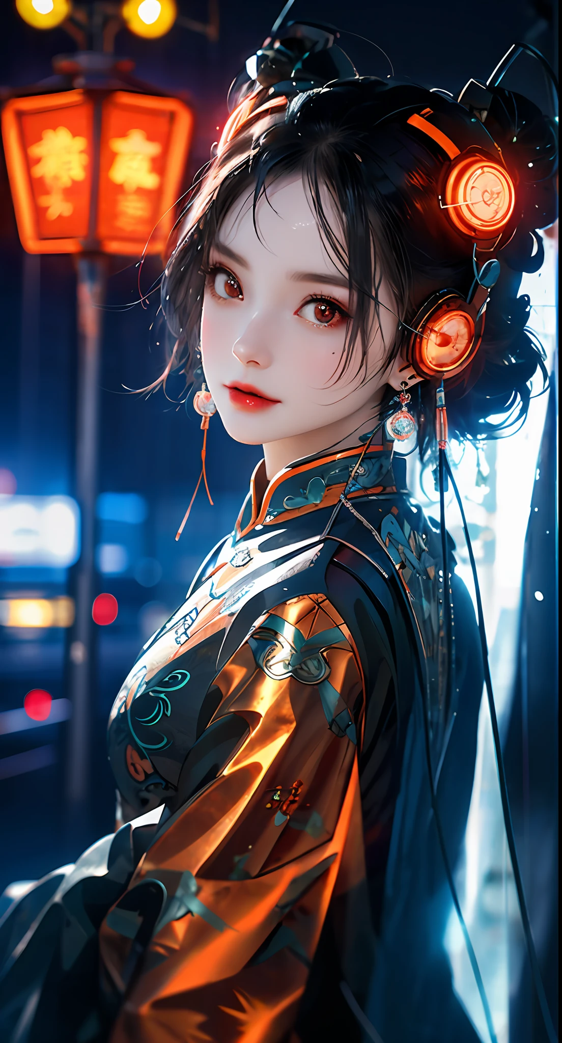 1 girl, Chinese_clothes, liquid silver and orange, cyberhan, cheongsam, cyberpunk city, dynamic pose, glowing headphones, glowing hair accessories, long hair, glowing earrings, glowing necklace, cyberpunk, high-tech city, full of mechanical and futuristic elements, futurism, technology, glowing neon, orange, orange light, transparent tulle, transparent streamers, laser, digital background urban sky, big moon, with vehicles, best quality, masterpiece, 8K, character edge light, Super high detail, high quality, the most beautiful woman in human beings, micro smile, symmetrical left and right face, an antenna for ears, beautiful pupil light effects, visual data