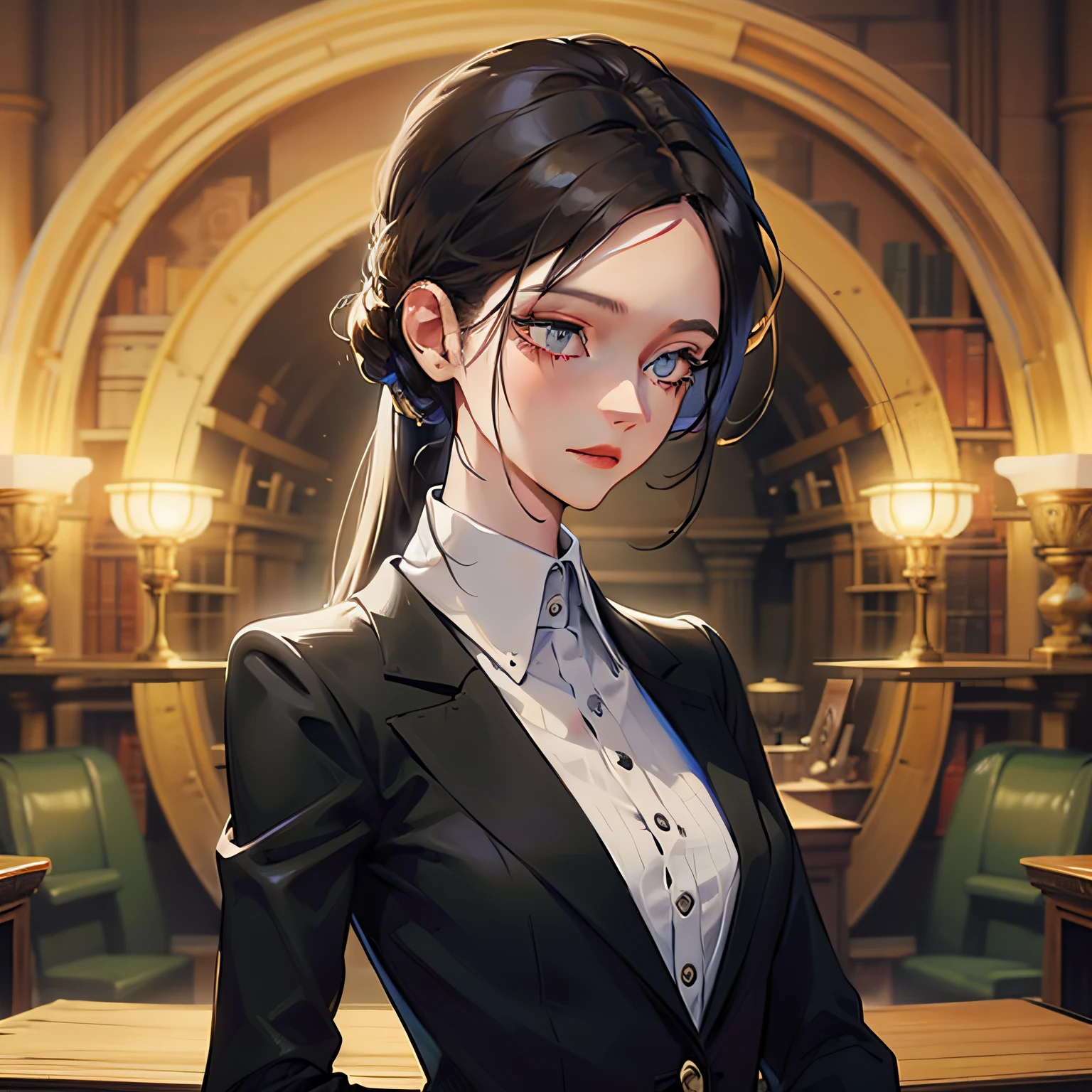 A young woman in a suit with long black hair