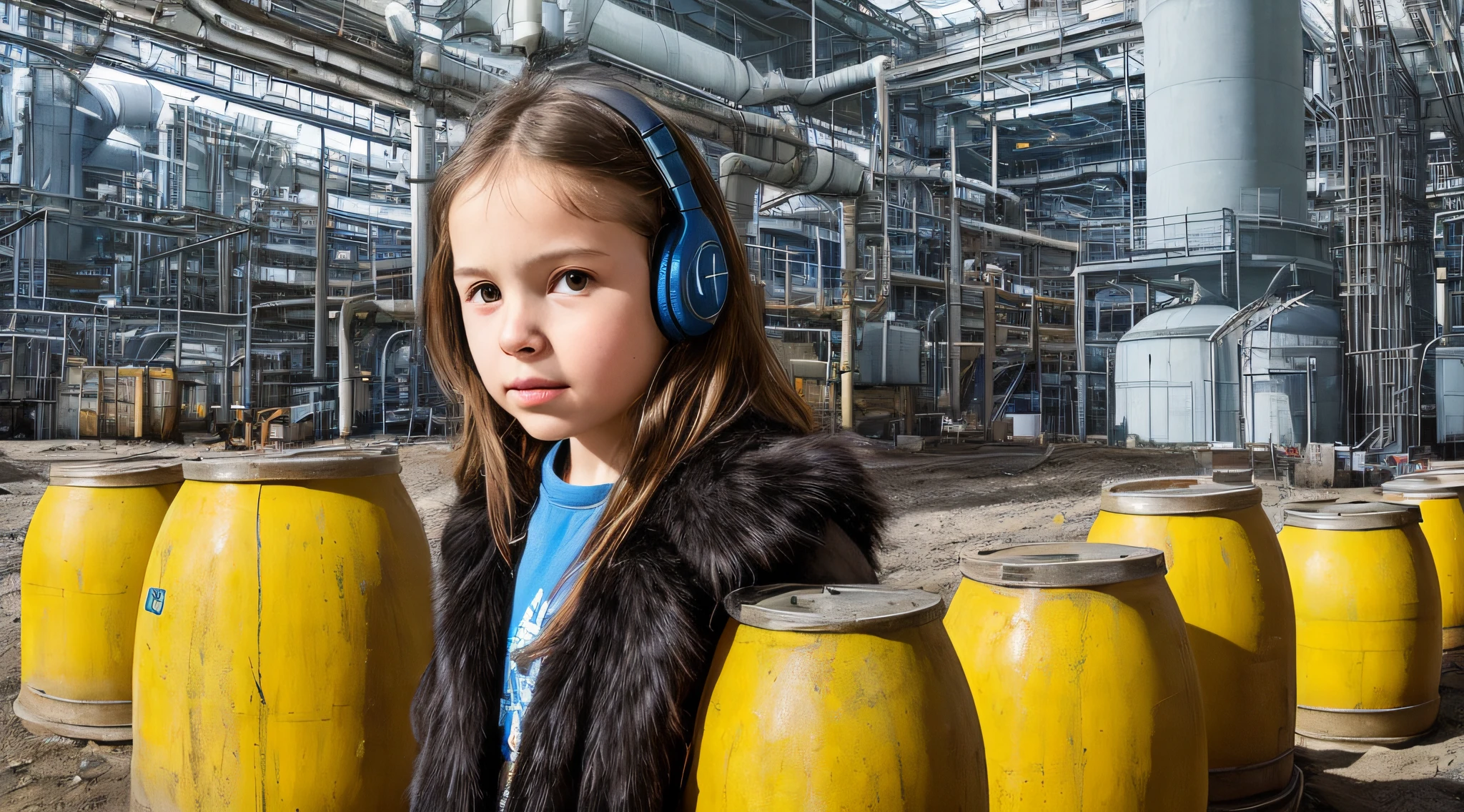 GIRL CHILD 8 YEARS OLD BLONDE HAIR, LONG, CLOSE UP, RUSSIAN STYLE HEADPHONES, BLACK FUR COAT, a closeup of a large pile of yellow barrels with radioactive symbols, nuclear waste, radioactive wastelands, toxic waste, radioactive particles, nuclear wastelands, radioactive, uranium, nuclear, nuclear fallout, post-nuclear, nuclear fashion, post-nuclear fallout,  nuclear energy, future of nuclear energy, nuclear, nuclear art, nuclear reactor, nuclear energy, radiation, toxicity, contaminated