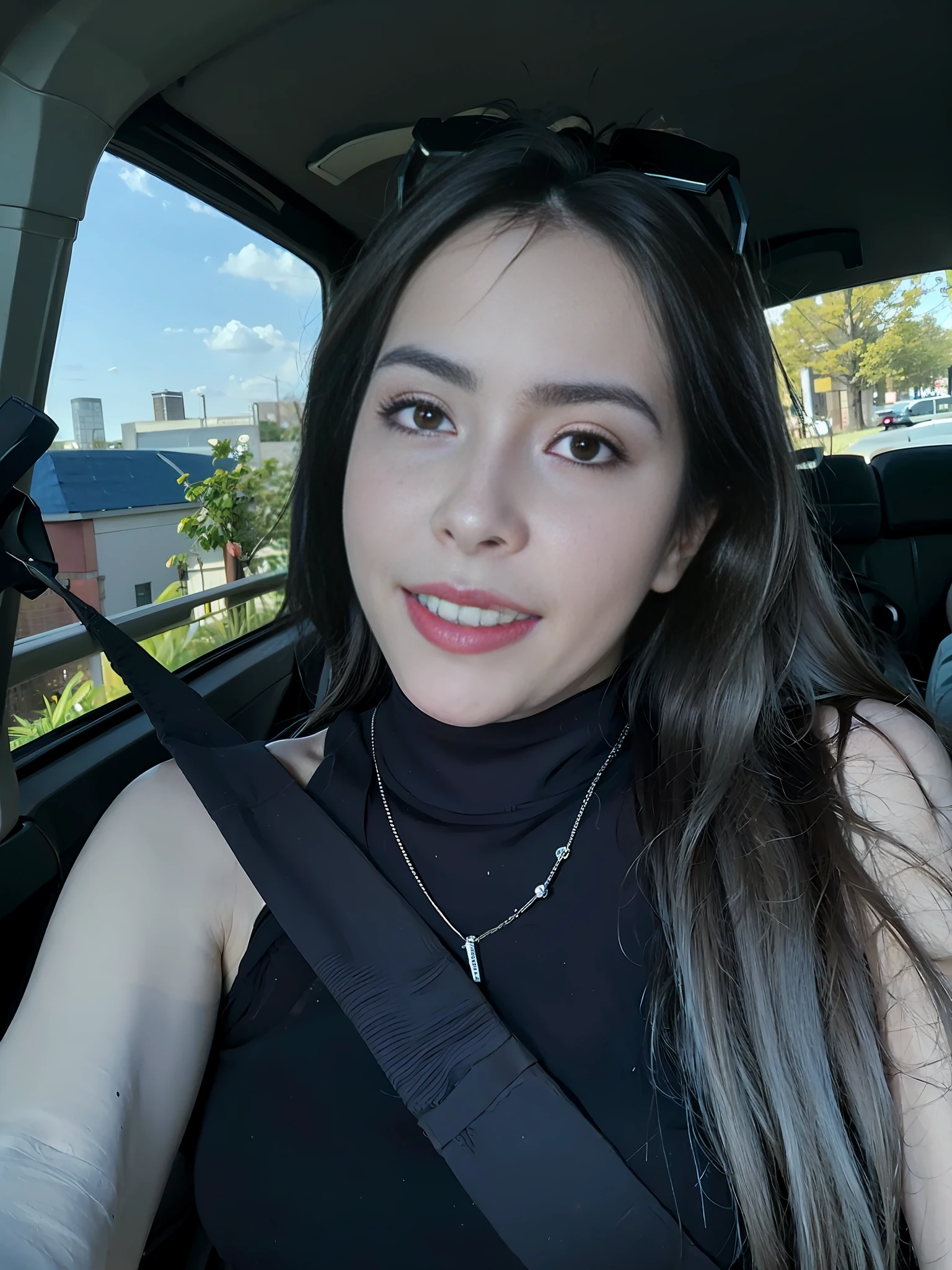 smiling woman in a car with a black seat belt, alanis guillen, she is smiling and excited, selfie shot straight on angle, she is smiling and happy, selfie of a young woman, 8k selfie photograph, lorena avarez, she is smiling, gorgeous latina face, 2 8 years old, ayahausca, happily smiling at the camera