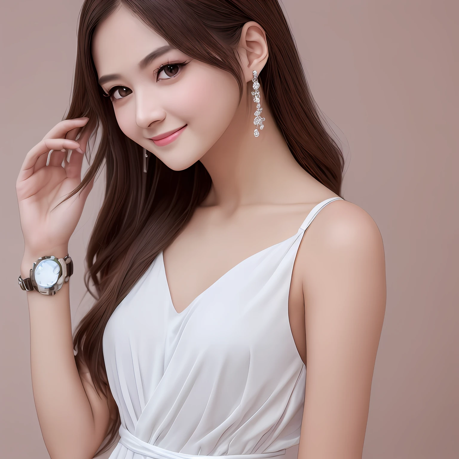 8k, (((smile)), body oblique, head top visible, 25 years old, Watch viewer,((Attractive face:1.3)), Beautiful dress in detail, Ultra high quality, (Body from waist up)), Photo realistic, Beautiful face and eyes in every detail, (hairstyle up), Pink dress, (white marble background), Pretty face, Best quality, Sweat, Very delicate and beautiful, Nice buddy, High quality, Real, fantasy, real skin, full color, top quality, very delicate and beautiful, raw photo details, professional photo, solo, beautiful lips, facing forward, top quality, fantasy, real skin, full color, raw photo detail, realistic photo --auto