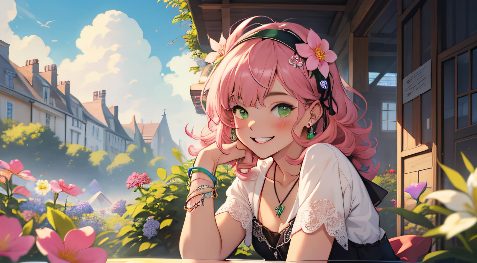 masterpiece, best quality, super detailed, illustration, 1 girl, solo, fantasy planet, dream scene, cute beautiful girl, detailed, hair ornament, ribbon, headband, earrings, necklace, bracelet, anklet, flower, pastel color, pink hair, curly hair, green eyes, happy expression, two small dimples when laughing