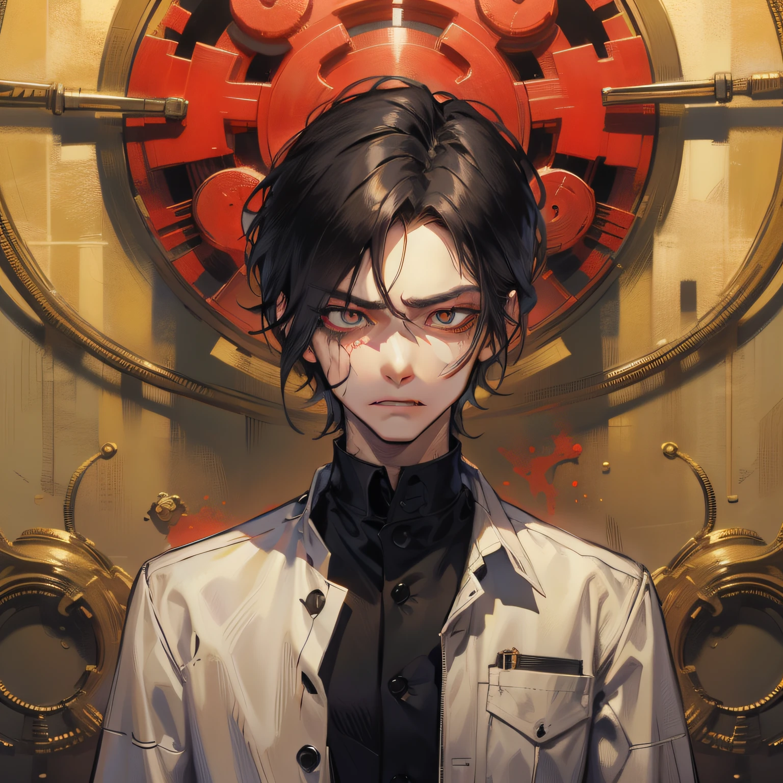 Zombie, scarlet eyes, fangs, male, serious face, short black hair