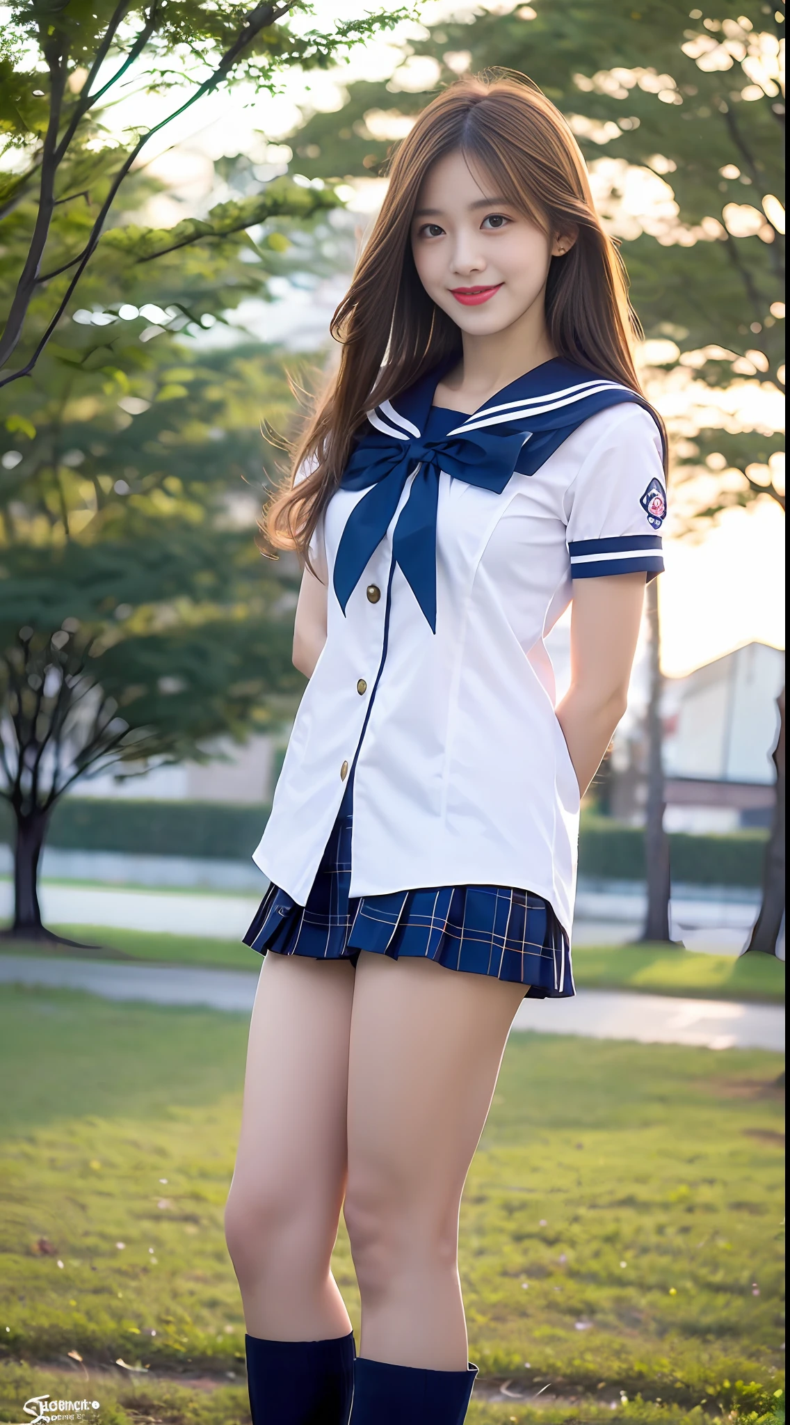 1girl, (best quality, masterpiece, ultra high resolution),(photorealistic:1.3), (realistic:1.3),(long legs:1.3), (closed mouth), (light smile:1.2), (expressive hair:1.2), (blonde hair:1.2), (full body:1.2), (button up), (sailor senshi uniform:1.3), (aino minako:1,2), (sailor senshi:1.2), (arms at sides:1.3), outdoors, (tree:1.2), (mountain),busty, dynamic pose, vivacious and seductive, (night:1.2),(standing:1.2), (slender), (slender legs), shiny skin, nose blush, (facing viewer),