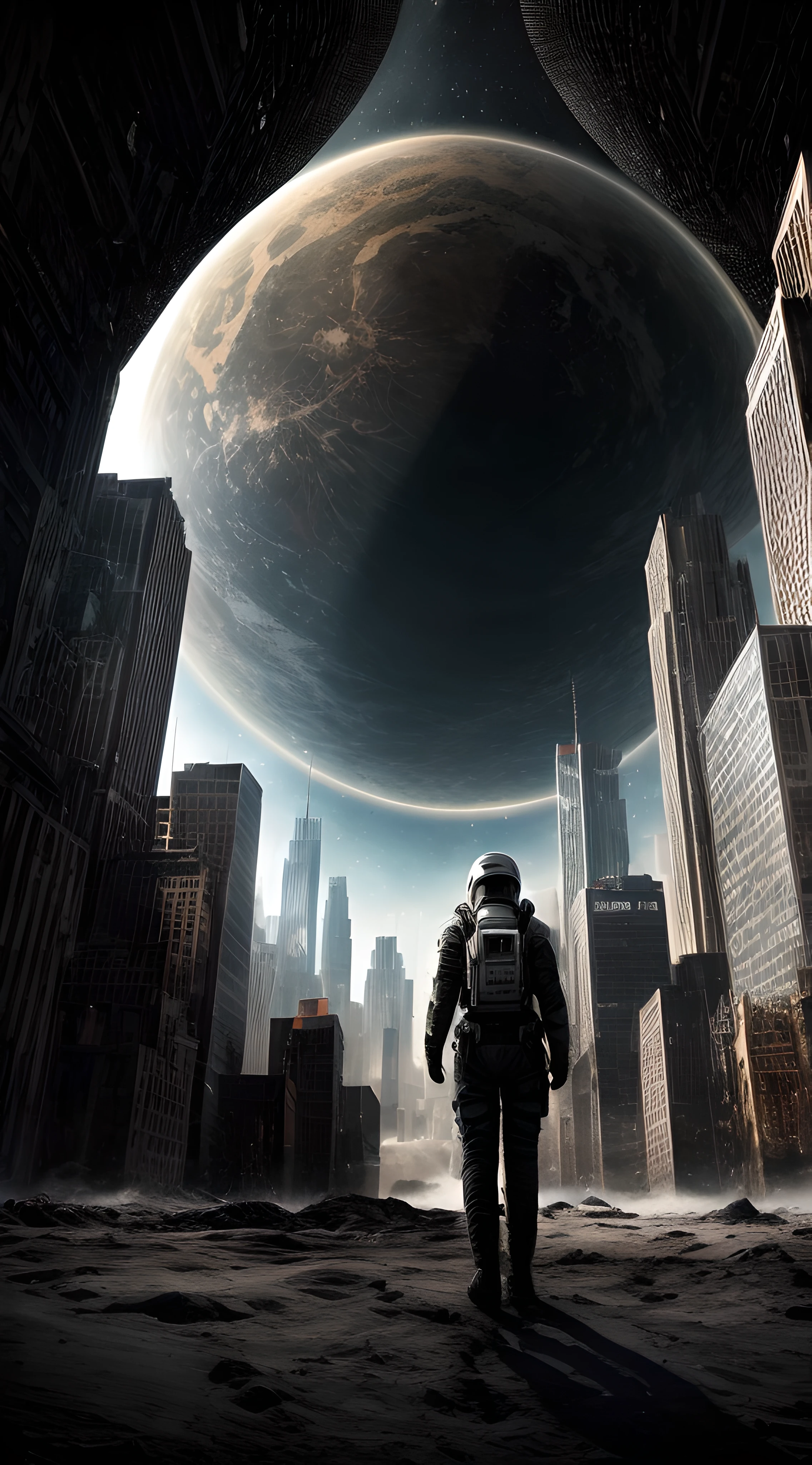 (full shot body: 1.4) photo of an android woman on the moon, masterpiece, (realism: 1.4), best quality, beautiful lighting, braided hairstyle, ray tracing, space background, (very detailed background, complex busy background: 0.8), Earth in the background, clear focus, volumetric fog, 8k uhd, dslr, high quality, film grain, photo realism, lomography, in (a huge metropolis in a future dystopia), viewed from below, translucent , (HDR: 1.2), March