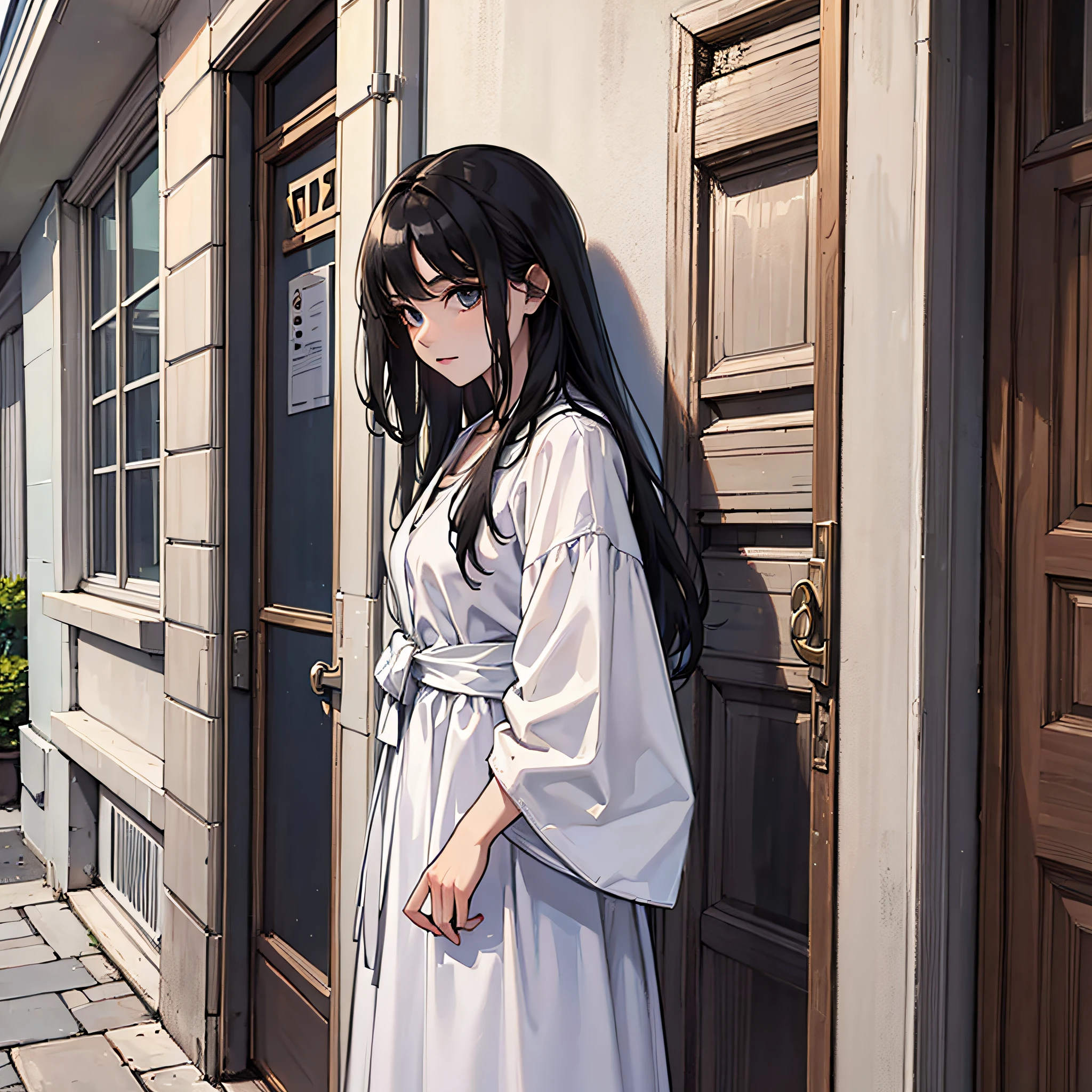 A woman with long black hair, wearing a white dress, stood outside the house, facing the doorway, looking at the camera