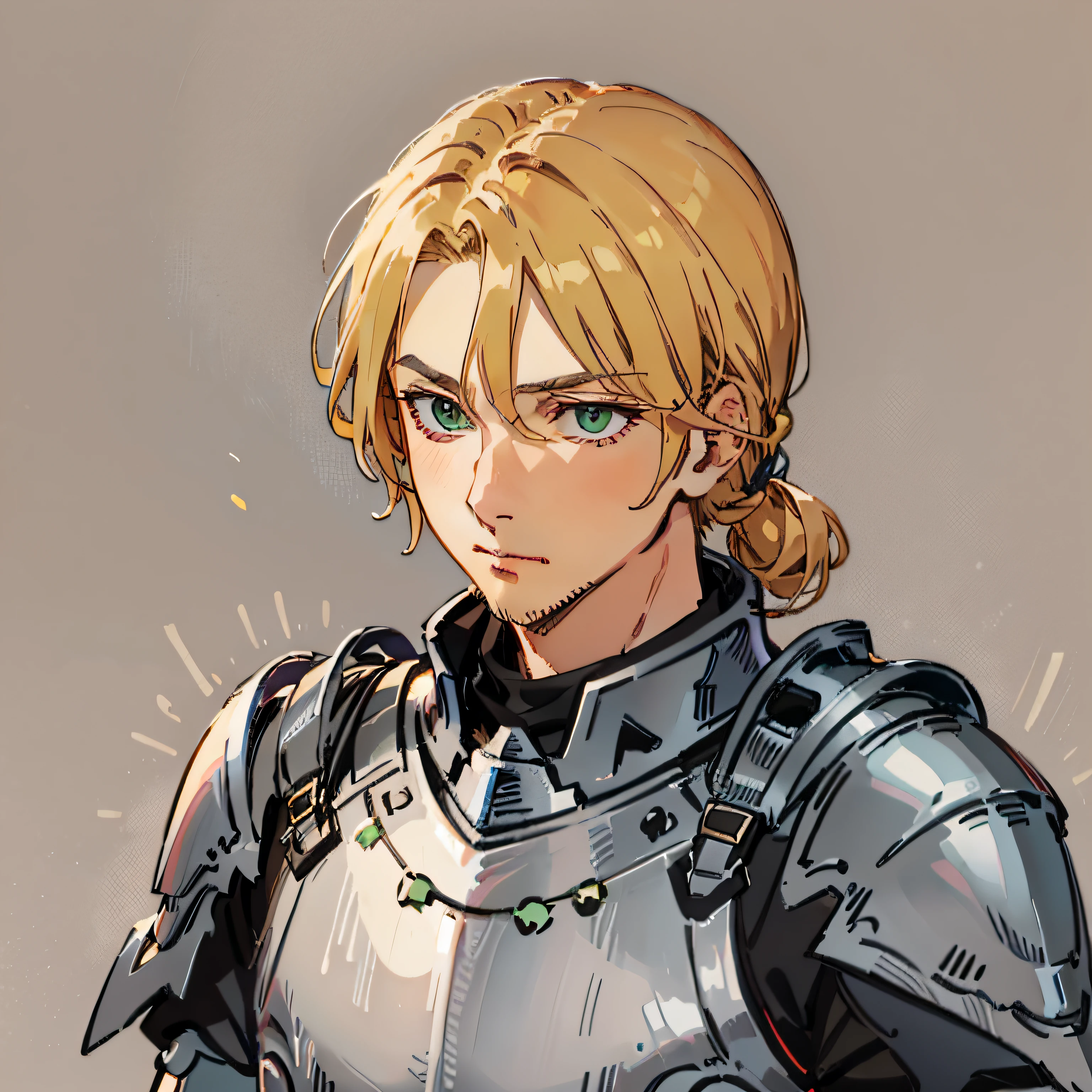 A man with blonde hair tied behind his head. Has green eyes. Wears grey armor