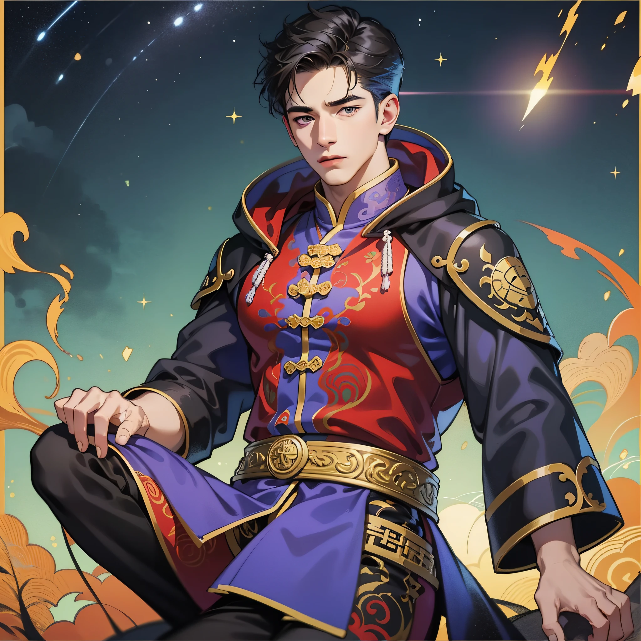 muscular boy, masculine face, wild, masculine, valiant, handsome, rugged, hoodie, modern chinese traditional costume, fusion of ancient Chinese and modern, king of rappers, pectoral muscles, abs, cool atmosphere, sitting, solid posture, fashionista, stylish, colorful, individual, luxurious, Cantonese, singing, dancing, sky with stars shining like dreams, Book of quiet night, starry sky blooming brightly, whispering dream and confusion border, Cantonese pride, purple clothes