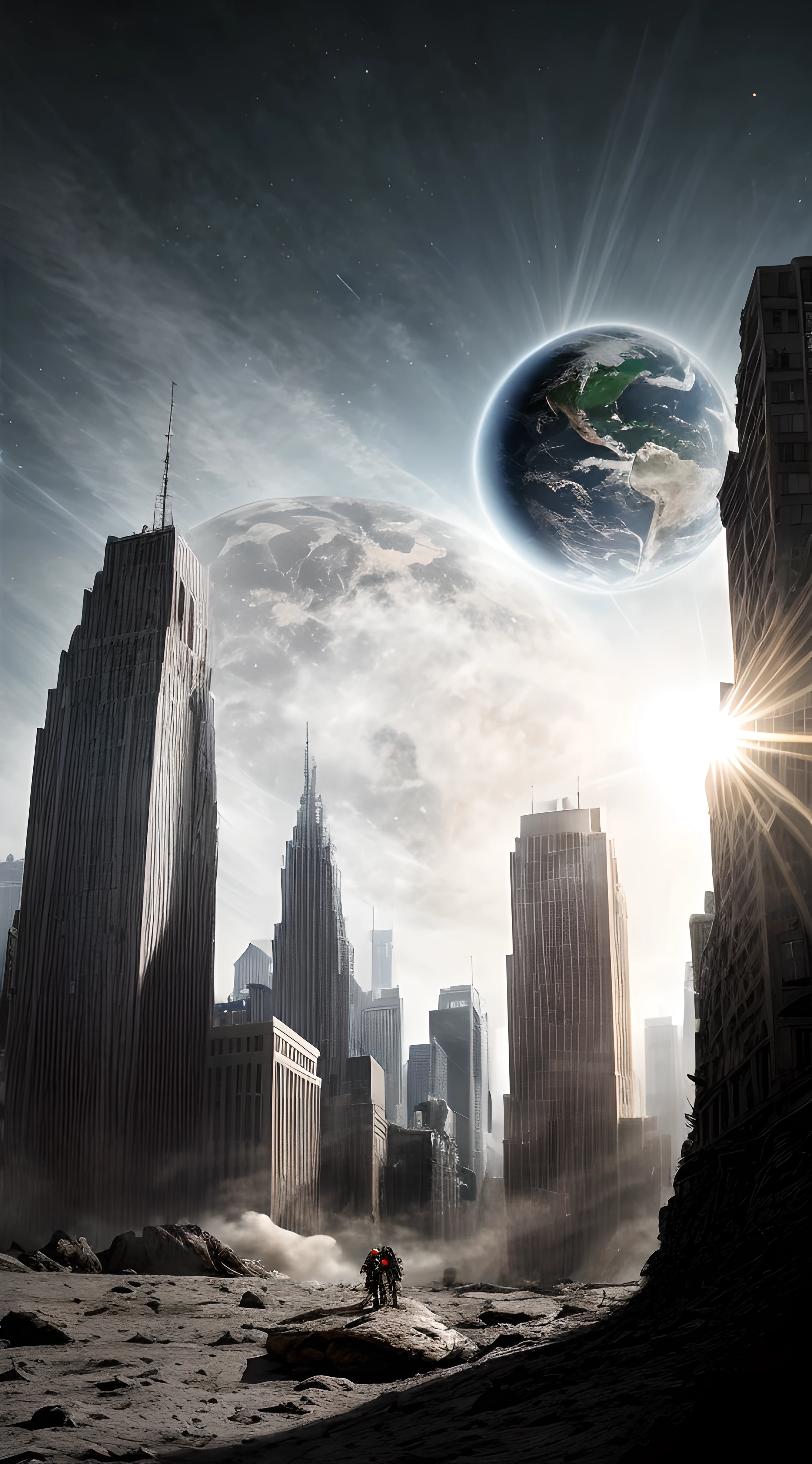 (full shot body: 1.4) photo of an android woman on the moon, masterpiece, (realism: 1.4), best quality, beautiful lighting, braided hairstyle, ray tracing, space background, (very detailed background, complex busy background: 0.8), Earth in the background, clear focus, volumetric fog, 8k uhd, dslr, high quality, film grain, photo realism, lomography, in (a huge metropolis in a future dystopia), viewed from below, translucent , (HDR: 1.2), March