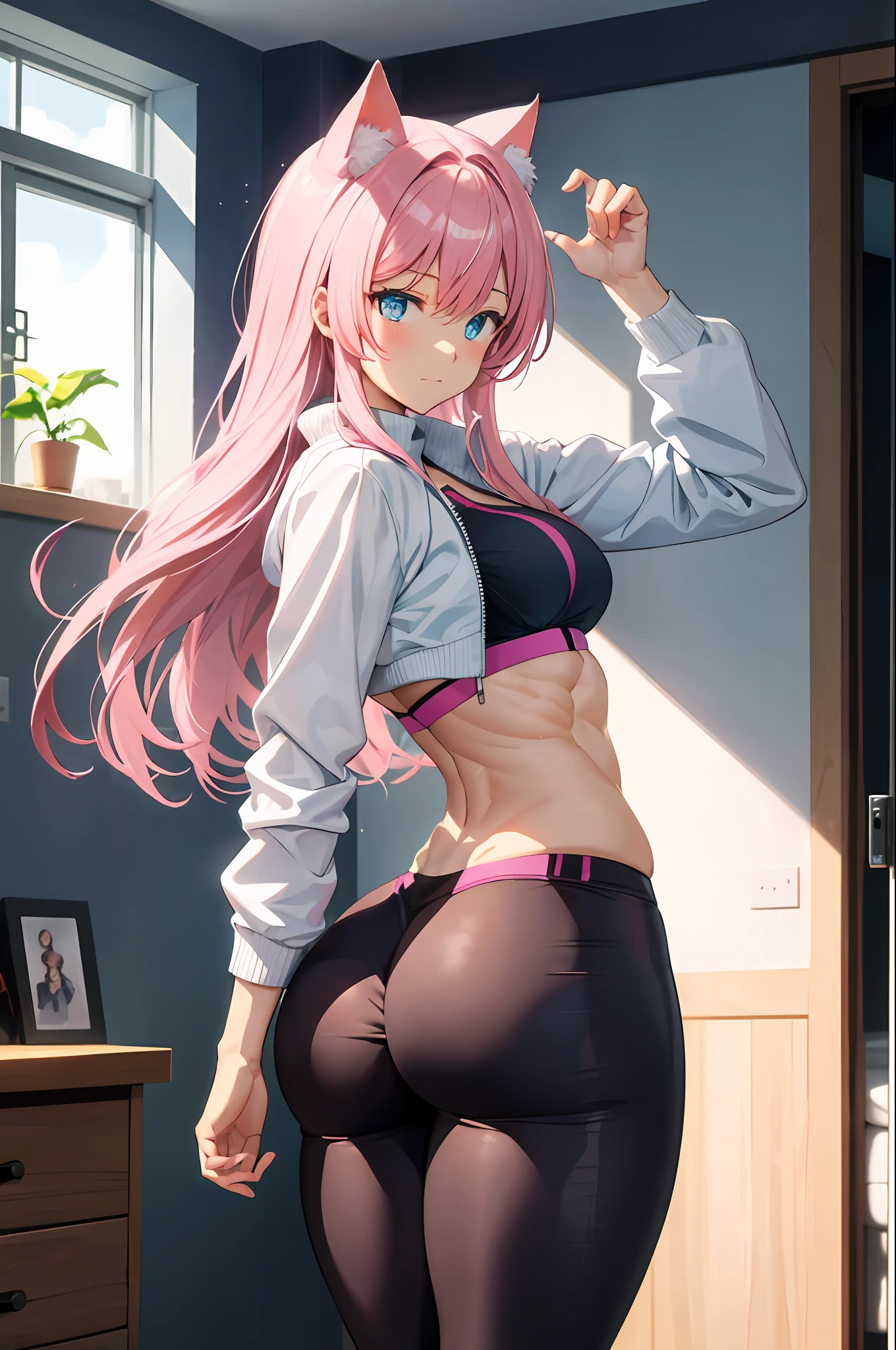 Masterpiece,best quality,high resolution,30 year old woman,pink hair,long hair,beautiful face,blue eyes,bright eyes,cat ears,perfect body,athletic body,milf,bodybuilder pose, small breasts, thick thighs,big ass,round buttocks,bodybuilder,jacket on top,bra, leggings,standing,expression of pleasure,behind, inside the room