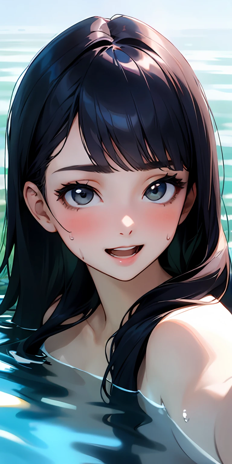 (Top Quality, Masterpiece, Ultra Realistic), Portrait of one beautiful and delicate girl with soft and peaceful expression, Single girl, Hair color, Bangs, Hairstyle fax, Portrait from waist up, Naked, bathing, sweating, ladies, Long black hair in light green, Grey eyes, Hair spread out in water, Dull bangs, Dipping in water up to chest, Smiling, Mouth wide open, Selfie, Very small breasts, Focus on mouth