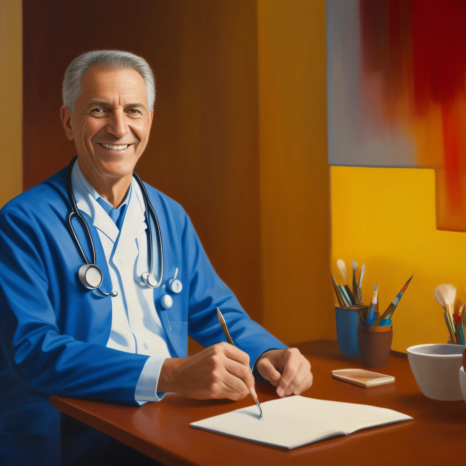 Paint a doctor smiling in his office and a patient. Canvas painting. The image should convey relaxation. Cinematic quality painting, colorful, with well-defined colors, vivid, intense, exceptional colors in 8K, highlighting every detail, revealing the perfection of the character's facial expression.
