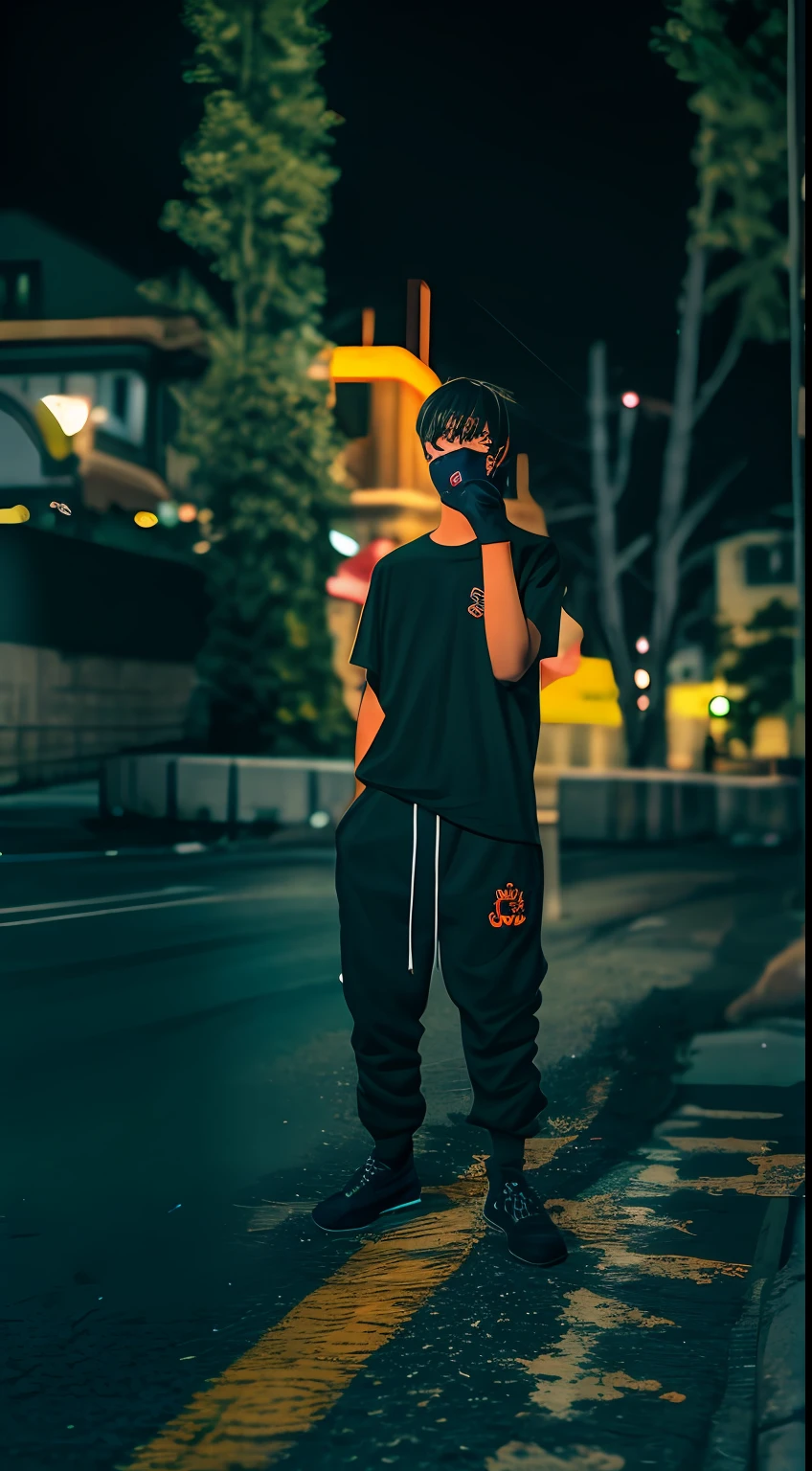 A -yeld teger on the street at night, wearing black clothes and wearing a dark-style mask.