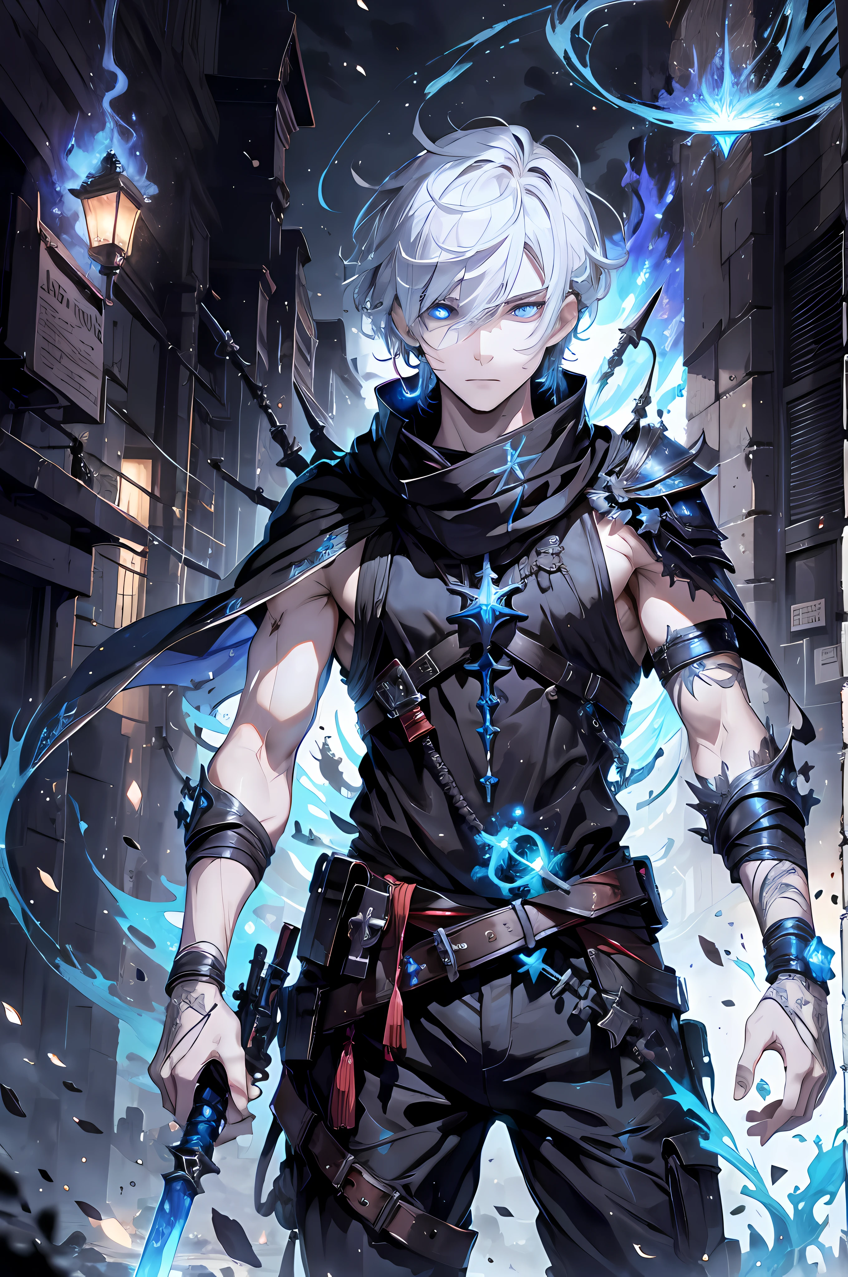 (absurdres, highres, ultra detailed), masterpiece, best quality, real light and shadow, solo, a boy with white hair, red sleeveless outfit, handsome, finely eye, detailed face, detailed eye, black scarf, two swords, dual-swords, a swords surround by blue flame, tattoo, from below, look down, ruined city, dark background, swirl, spark, cowboy shot, BREAK, blue eyes, GlowingRunes_paleblue