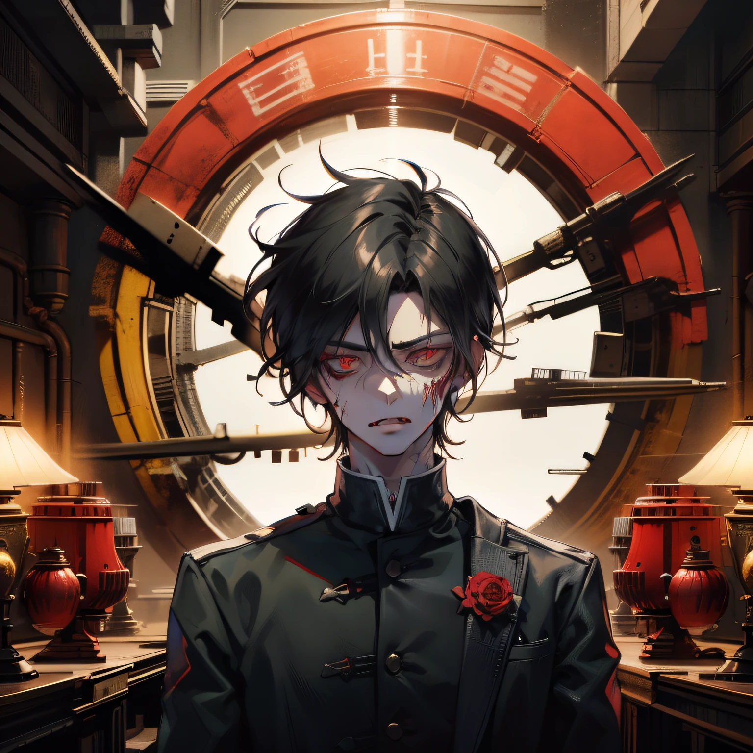 Zombie, scarlet eyes, fangs, male, serious face, short black hair