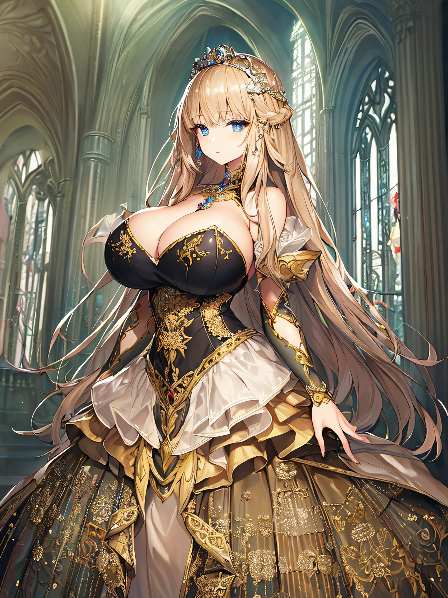 ((anime artstyle)),(Masterpiece),(Best Quality), (Super Detail),Illustration,((Very Delicate and Beautiful)),Focus on character,Dynamic Angle,Looking at viewer,((Solo)),standing,(((full body))),((one noble princess in gorgeous ball gown with voluminous skirt)),detailed face and eyes,jewel-like eyes,((Very Long voluminous Hair)),gorgeous embroidery and lace,See-through,ornate ruffles,Gorgeous jewelry ornaments,luxury hair ornament,luxury tiara with jewels,(gigantic breasts,Long breasts),full body,((gorgeous ball gown with voluminous skirt))