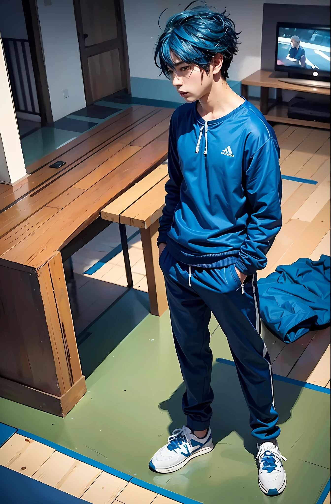 anime boy in blue tracksuit standing in a room with a tv, wearing a tracksuit, realistic artstyle, painted in anime painter studio, wearing a track suit, made with anime painter studio, wearing track and field suit, digital anime illustration, [ digital art ]!!, blue clothes, kentaro miura manga art style, 2d illustration, 2 d illustration