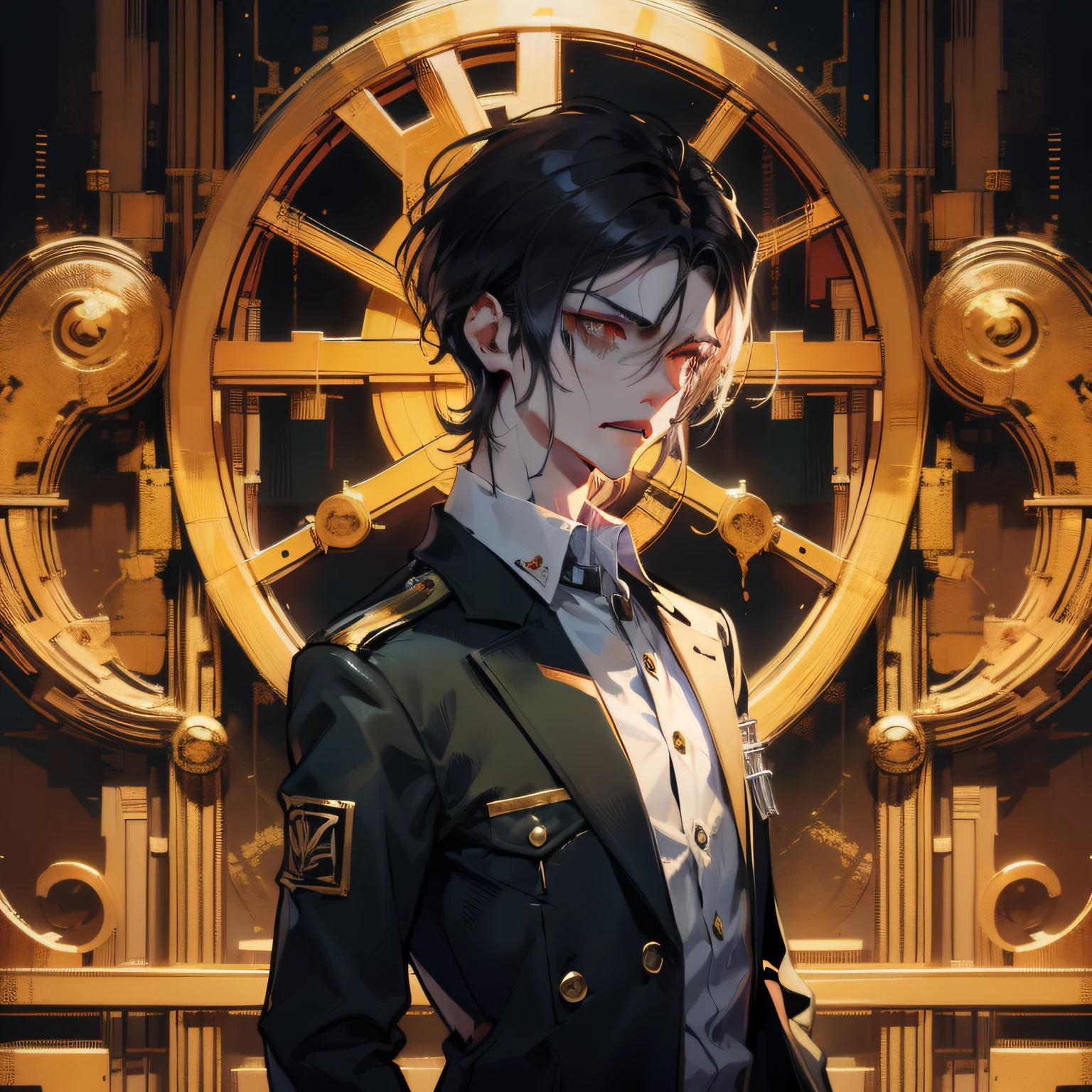 Zombie, scarlet eyes, fangs, male, serious face, short black hair