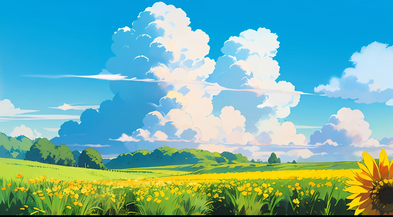 (((best quality))),blue_sky, cloud, cloudy_sky, condensation_trail, dandelion, day, field, flower, flower_field, holding_flower, horizon, kazami_yuuka, mountain, mountainous_horizon, outdoors, sky, straw_hat, summer