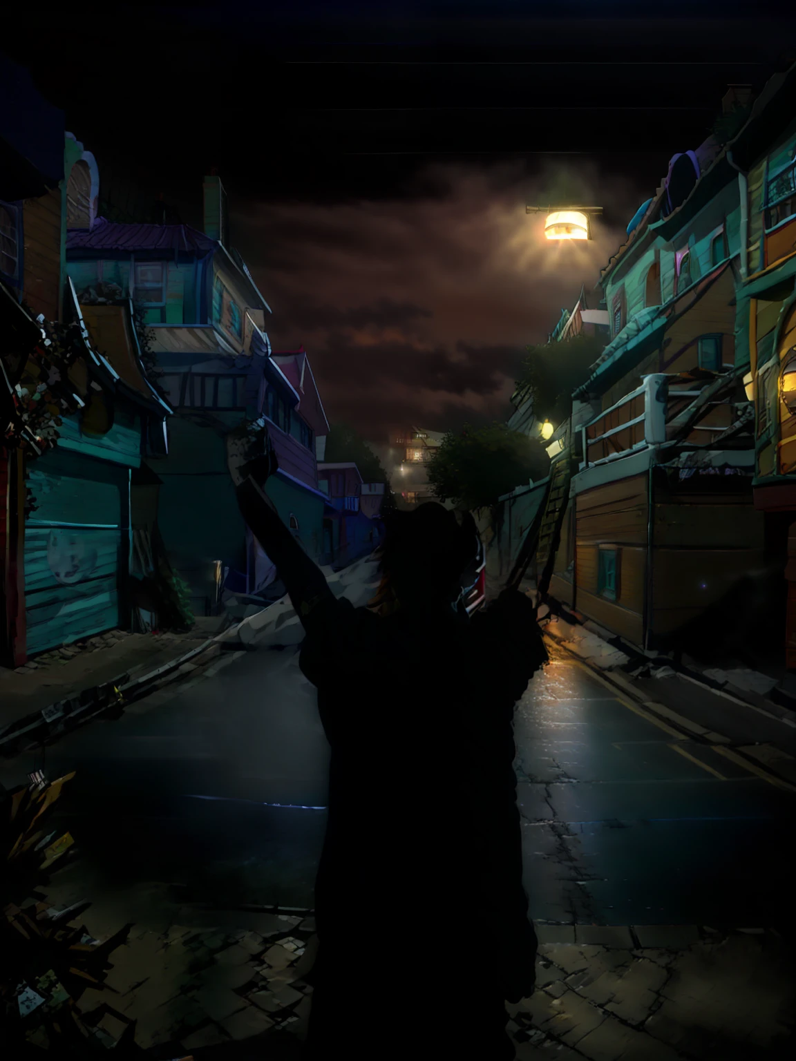 A 13-year-old in black clothes at night on the street