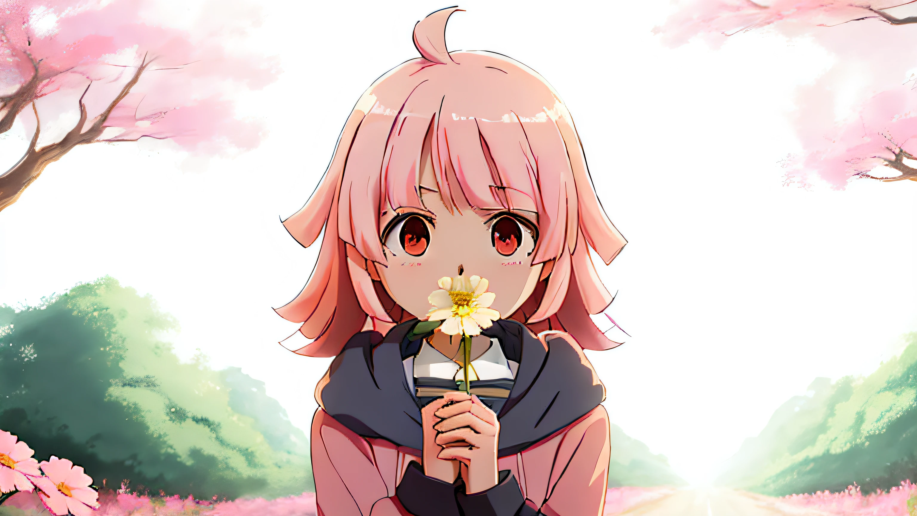 Anime girl with pink head, index finger, anime girl smelling flowers, Haruno Sakura, Yuru camp, white ratio, cute girl with straw, anime visual, pink hair, kinmoza! , anime Yuru Camp, Yuryuri, Saori, Manoka Kaname
