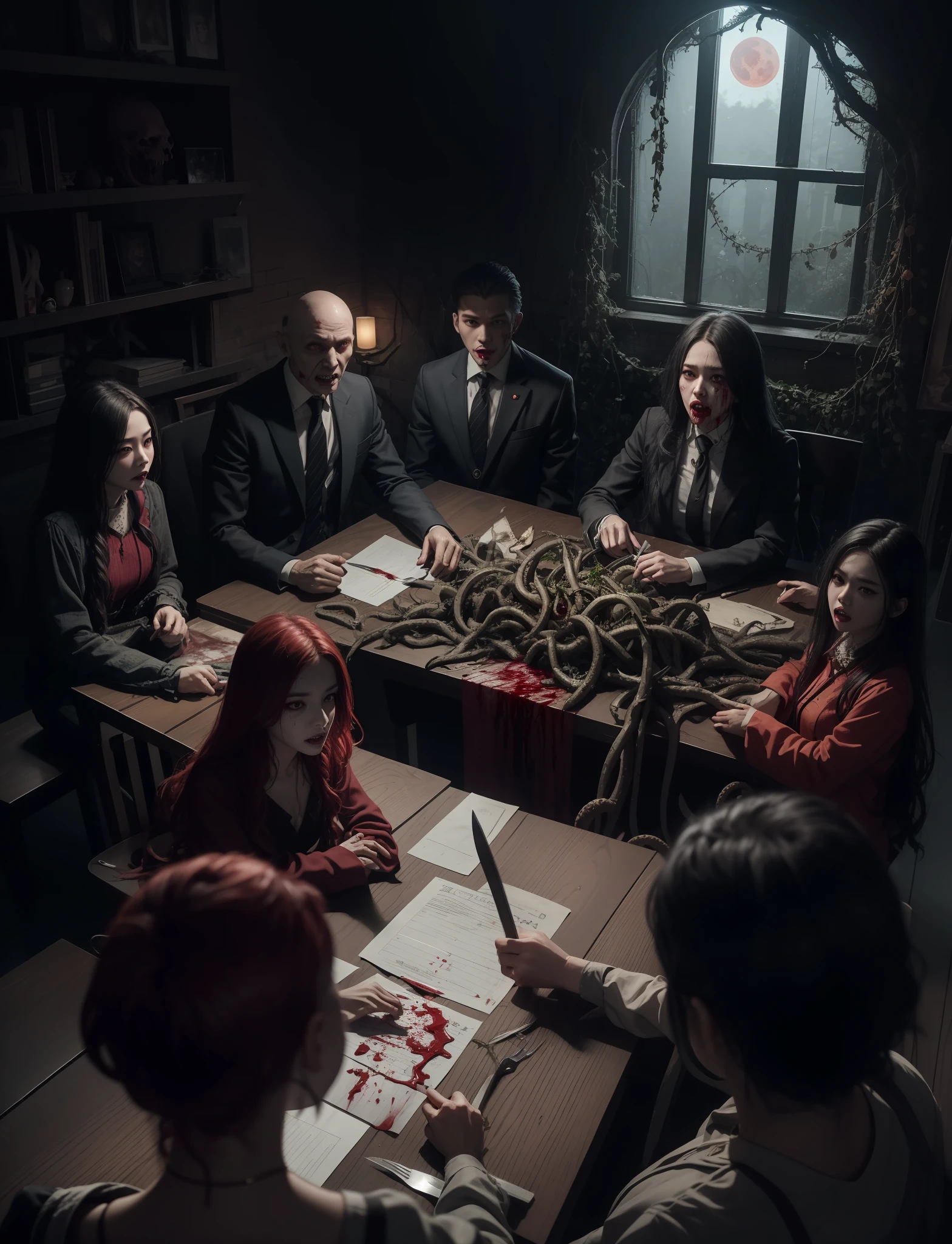 一幅非常详细的哑光画,Horror dolls from Haunted Castle on a plotting table full of knives,Horror, spooky, frightening, secret terror, tentacles, vines, eyes, uncanny valley effect teeth, limbs, animals,blood moon