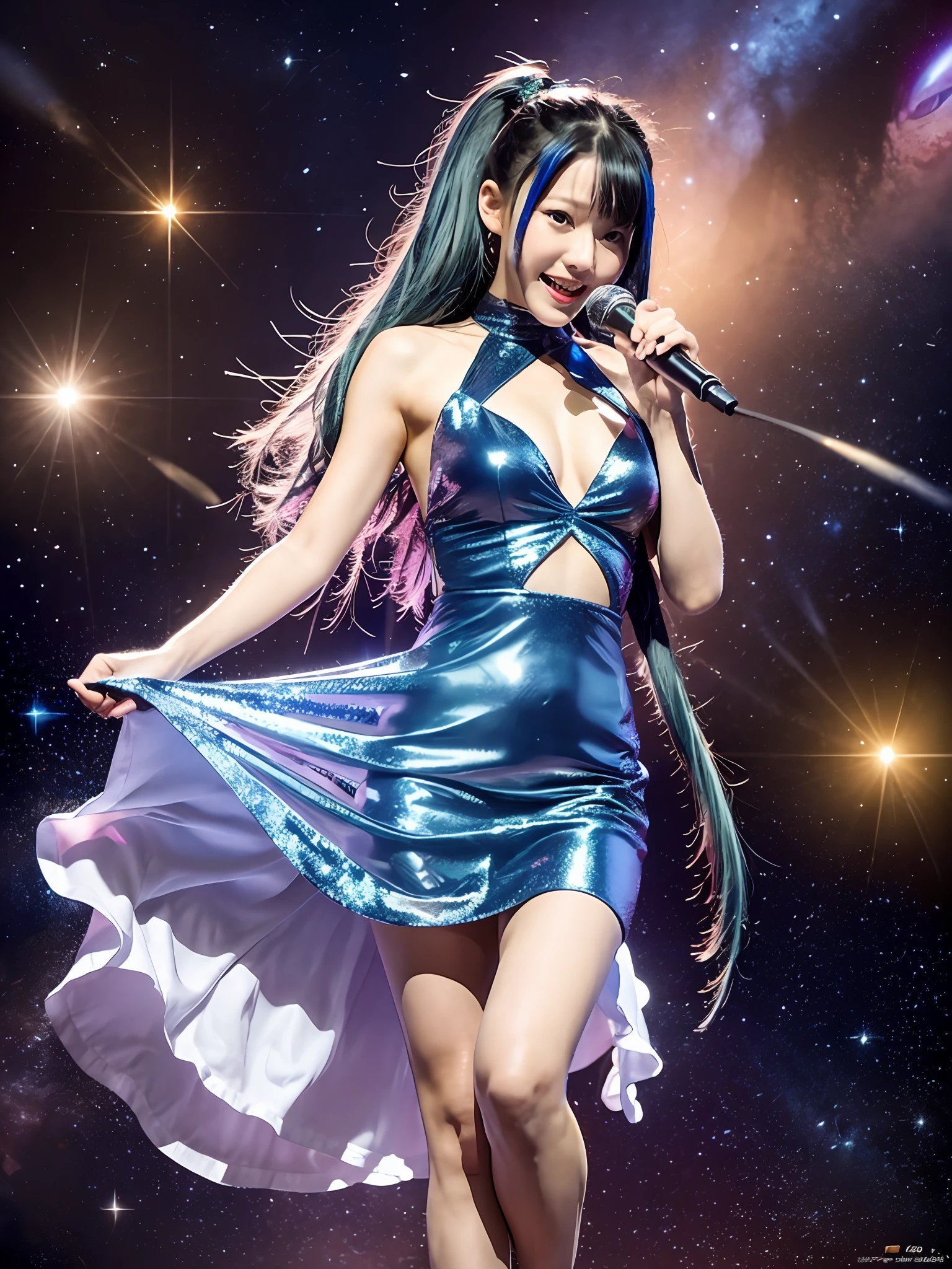 Macross, Do You Remember Love, Lin Min-mei, Singing, Ending, White Dress, Dark Blue Hair, Ponytail, Holding a Mike, Chinese Woman, 18 Years Old, Full Body, Real, Battleship, Space, Galaxy, Fighter