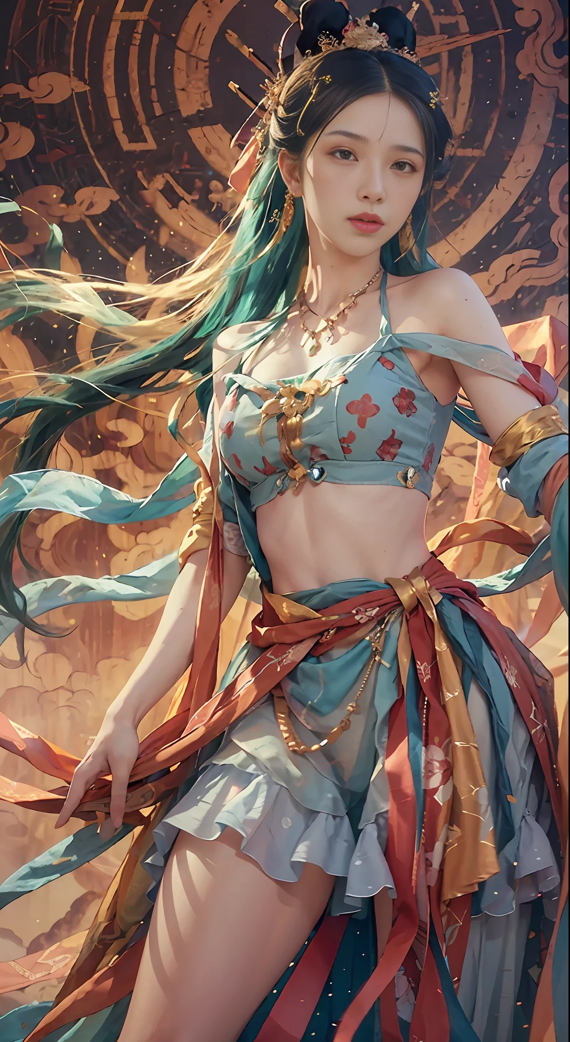 (RAW Photo, Best Quality), (Realistic, Photo Realistic: 1.3), Best Quality, Highly Detailed, Masterpiece, Hyper Detail, Illustration, 1 Girl, upper_body, Dynamic Angle, Full Body Photo, World Masterpiece Theater, messy_long_hair, Best Quality, Extremely Detailed CG Unified 8k Wallpaper, Ink, Amazing, Cinematic Lighting, lens_flare,, dunhuang_style