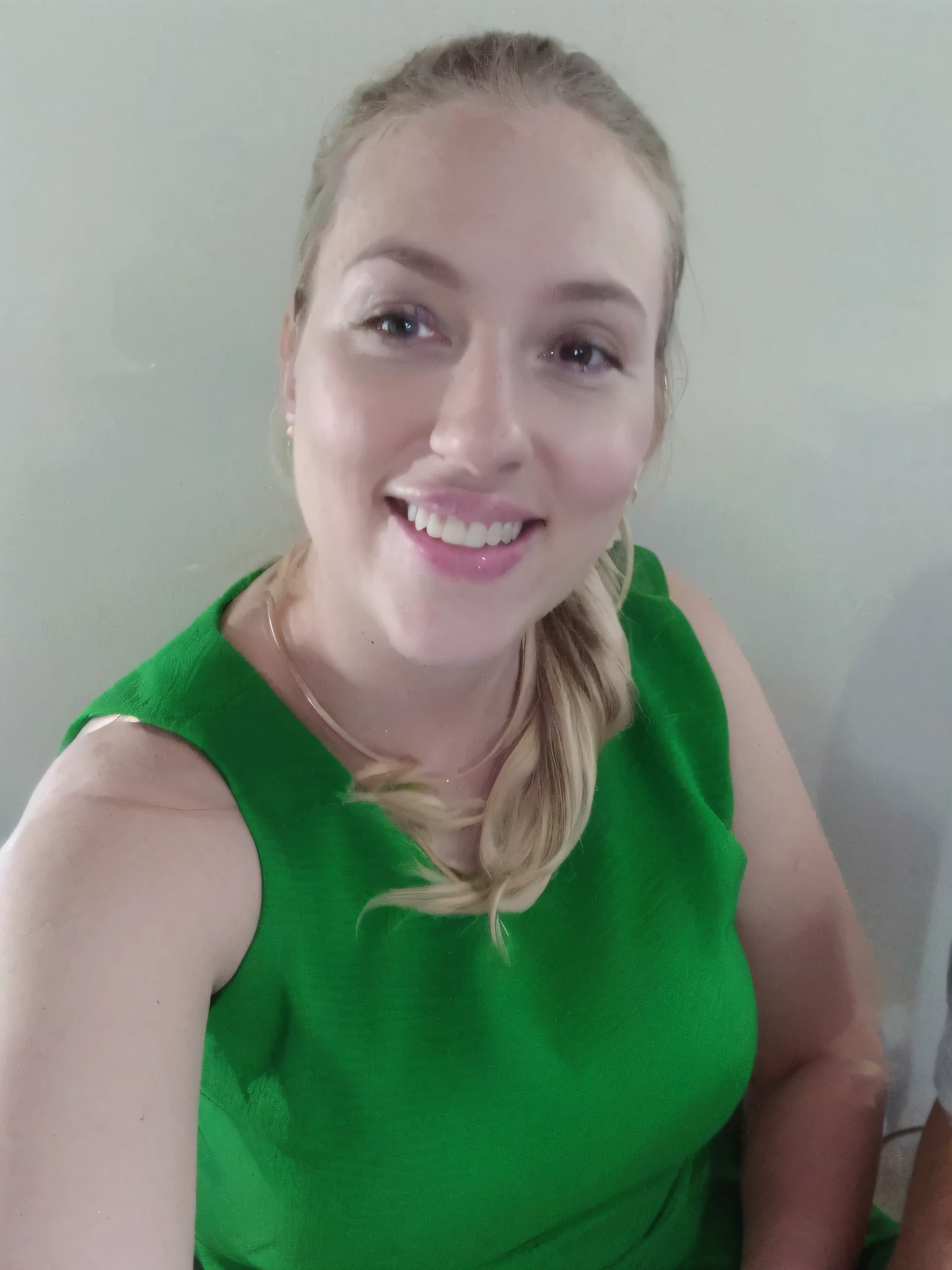smiling woman in green dress sitting in front of a white wall, headshot profile picture, lorena avarez, profile image, professional picture, professional profile picture, having a great time, happily smiling at the camera, green dress, wearing green, she is smiling, 30 years old woman, 3 0 years old woman, headshot photo, wearing a neon green dress
