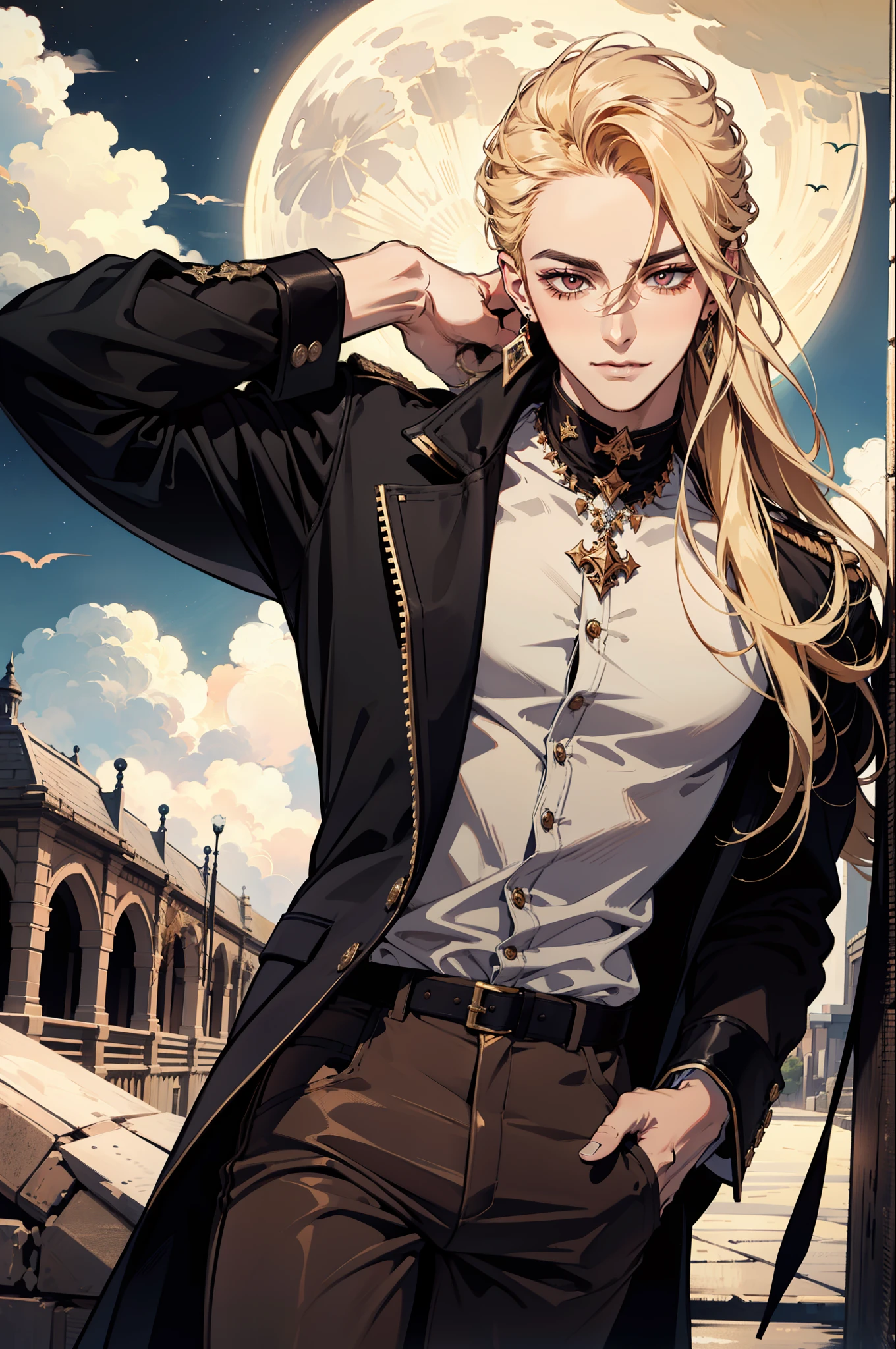 (absurdres, highres, ultra detailed), 1man, 30 years old man, adult man, handsome, tall,, finely detailed eyes and detailed face, brown leather pants, white shirt, night, smile, dutch angle, ((long hair, blonde hair)), moon, gold details, earrings, gothic, vampire, vampire prince, dark, simple clothes, looking at the view, pale skin, red detailed eyes, (masculine), sexy, elegant, long bangs