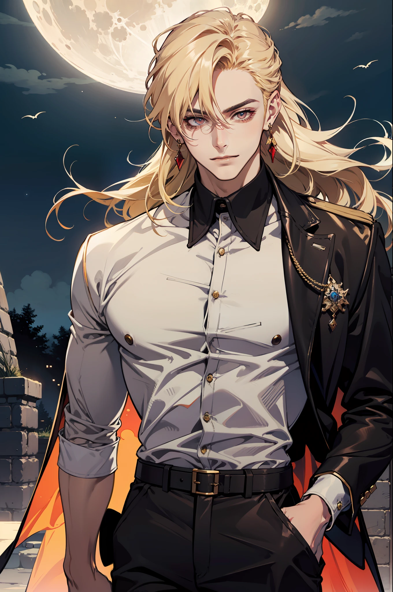 (absurdres, highres, ultra detailed), 1man, 30 years old man, adult man, handsome, tall,, finely detailed eyes and detailed face, brown leather pants, white shirt, night, smile, dutch angle, ((long hair, blonde hair)), moon, gold details, earrings, gothic, vampire, vampire prince, dark, simple clothes, looking at the view, pale skin, red detailed eyes, (masculine), sexy, elegant, long bangs