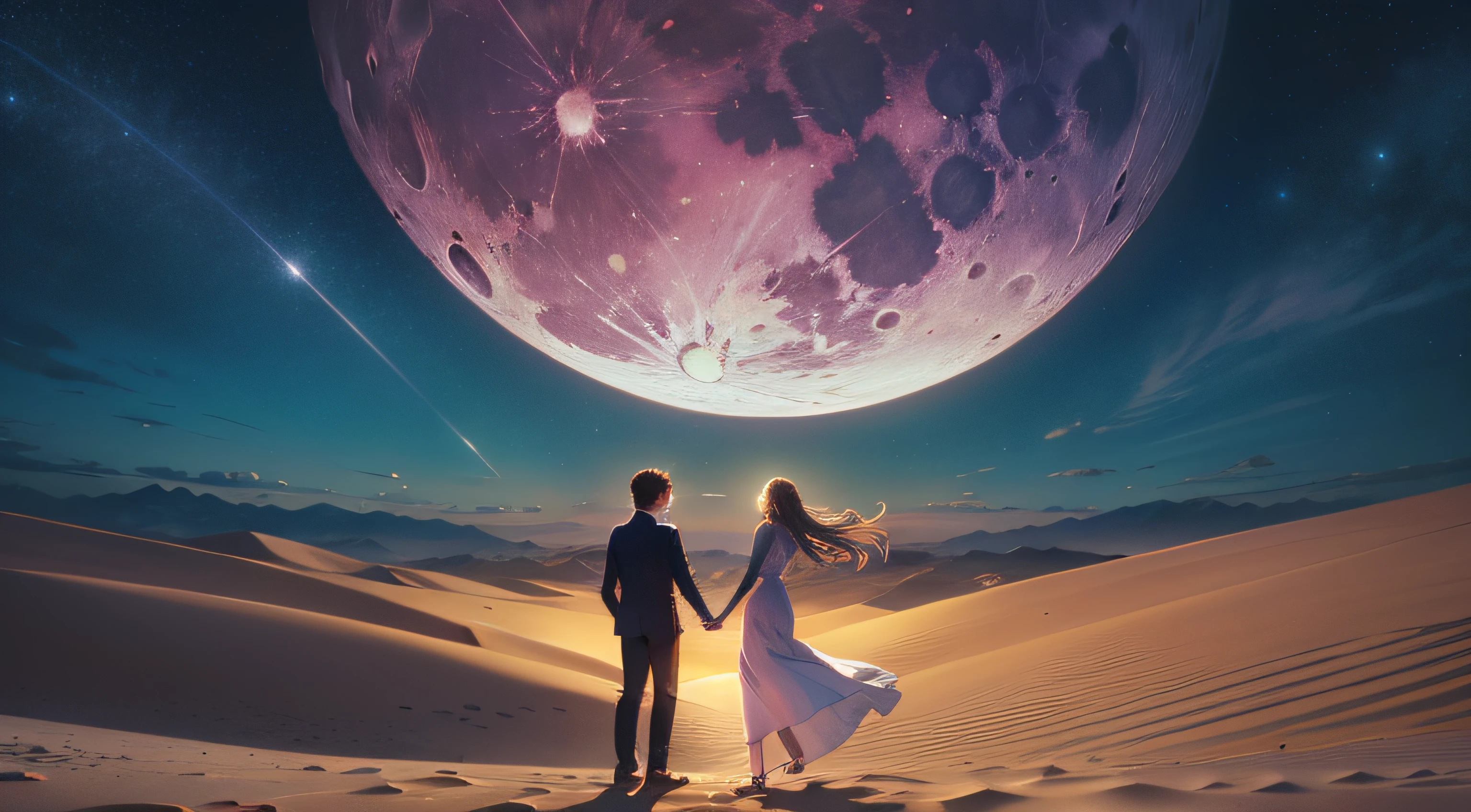 Fantastic atmosphere, lonely feeling, hands together, desert, moon, night sky, man and woman holding hands up