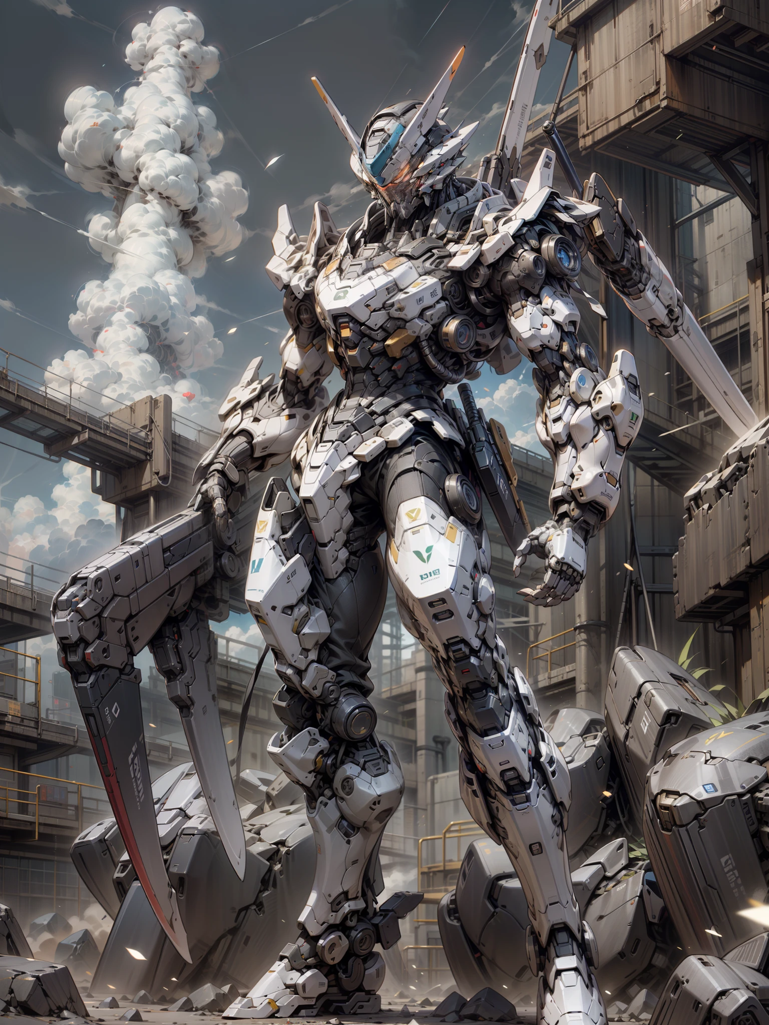 ((Best Quality)), ((Master Works)), (Very Detailed: 1.3), 8K, cool painting, full of sci-fi atmosphere, blue mecha looking up sideways at the sky, blue, gilded blue, holding a sword, swords scattered, streamlined blue armor, complex weapons and equipment behind it, Gundam humanoid mech, anime mecha aesthetics, perfect body proportions, head-up view, standing posture, military giant mecha, missiles, rocks, futuristic technology, realism, dark clouds in the sky, dark war background, Ray Tracing, Light Particle, NVIDIA Trtx, Super Resolution, Unreal 5, Subsurface Scattering, Specular and Albedo Mapping, Rule of Thirds, Large Aperture, Battle Stance, 8K Raw Data, High Efficiency Subpixels, Subpixel Convolution, Light Particle, Light Scattering, Tyndall Effect, Ray Tracing.