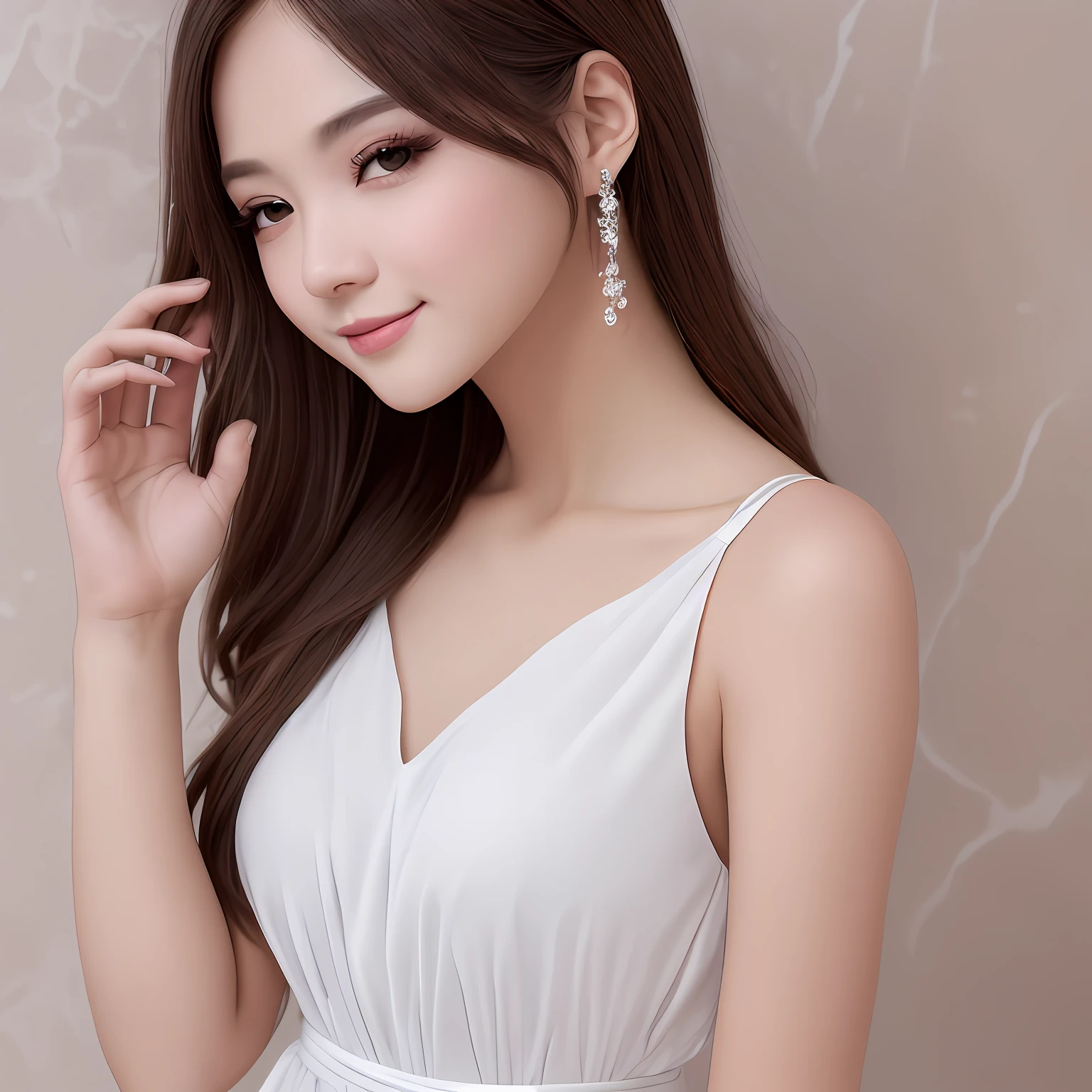 8k, Smile, Body oblique, Head top looking, 25 years old, View Viewer,((Attractive face:1.3)), Beautiful dress in detail, Ultra High Definition, (Body from waist up)), Photo realistic, Beautiful face and eyes in detail, (hairstyle up), Pink dress, (White marble background), Pretty face, Best quality, Sweat, Very delicate and beautiful, Nice buddy, High quality, Real, Fantasy, Real skin, Full color, Top quality, Very delicate and beautiful, Raw photo details, Professional photo, Solo, Beautiful lips, Facing forward, Top quality, Real skin, Full color, Raw photo detail, Realistic photo --auto