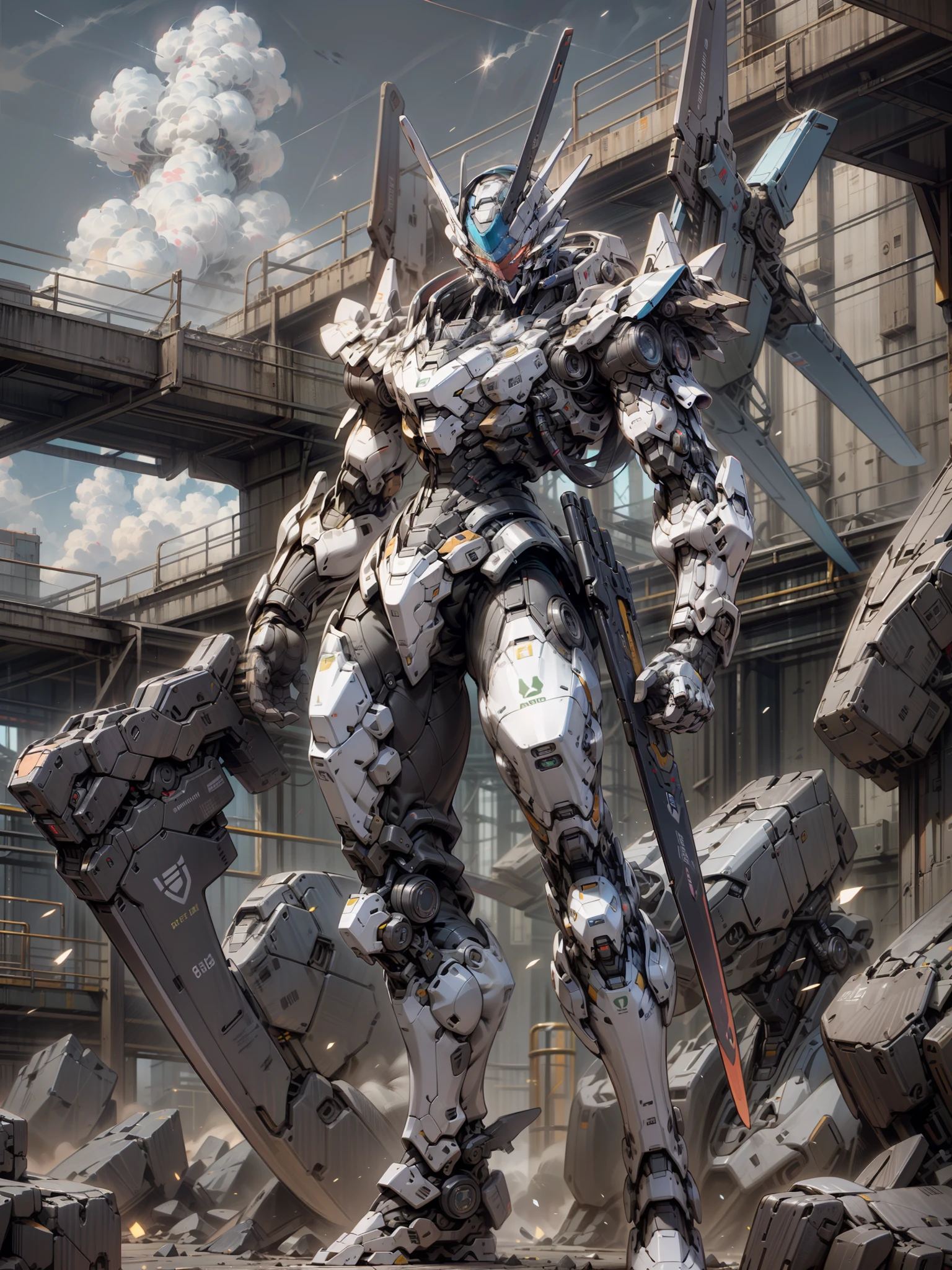 ((Best Quality)), ((Master Works)), (Very Detailed: 1.3), 8K, cool painting, full of sci-fi atmosphere, blue mecha looking up sideways at the sky, blue, gilded blue, holding a sword, swords scattered, streamlined blue armor, complex weapons and equipment behind it, Gundam humanoid mech, anime mecha aesthetics, perfect body proportions, head-up view, standing posture, military giant mecha, missiles, rocks, futuristic technology, realism, dark clouds in the sky, dark war background, Ray Tracing, Light Particle, NVIDIA Trtx, Super Resolution, Unreal 5, Subsurface Scattering, Specular and Albedo Mapping, Rule of Thirds, Large Aperture, Battle Stance, 8K Raw Data, High Efficiency Subpixels, Subpixel Convolution, Light Particle, Light Scattering, Tyndall Effect, Ray Tracing.