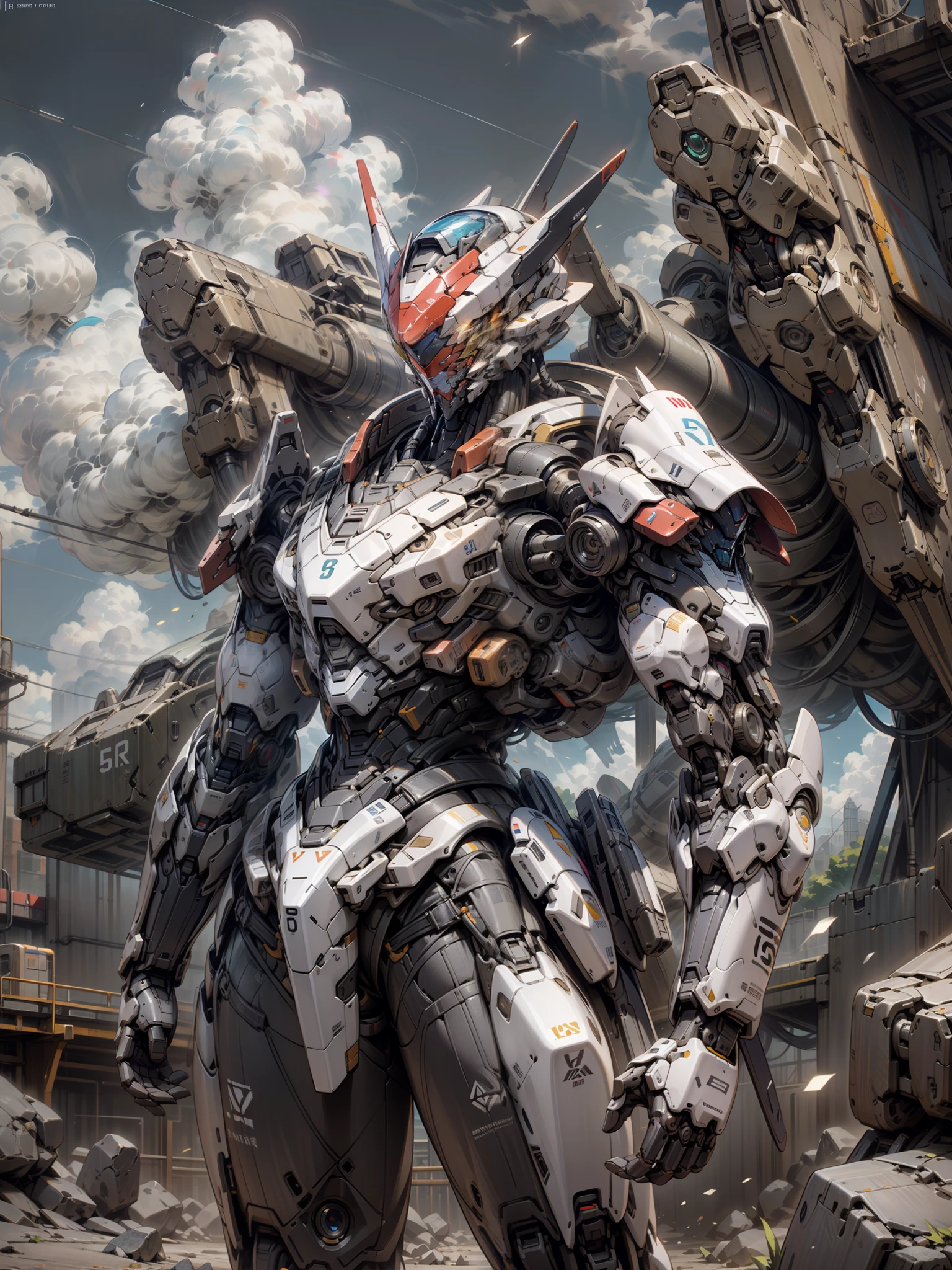 ((Best Quality)), ((Master Works)), (Very Detailed: 1.3), 8K, cool painting, full of sci-fi atmosphere, blue mecha looking up sideways at the sky, blue, gilded blue, holding a sword, swords scattered, streamlined blue armor, complex weapons and equipment behind it, Gundam humanoid mech, anime mecha aesthetics, perfect body proportions, head-up view, standing posture, military giant mecha, missiles, rocks, futuristic technology, realism, dark clouds in the sky, dark war background, Ray Tracing, Light Particle, NVIDIA Trtx, Super Resolution, Unreal 5, Subsurface Scattering, Specular and Albedo Mapping, Rule of Thirds, Large Aperture, Battle Stance, 8K Raw Data, High Efficiency Subpixels, Subpixel Convolution, Light Particle, Light Scattering, Tyndall Effect, Ray Tracing.