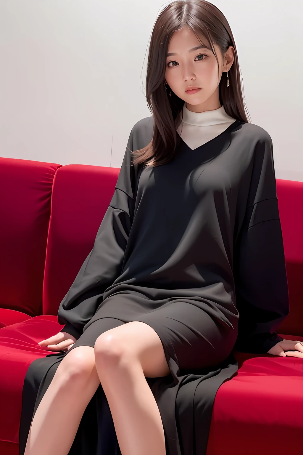 A young Asian woman in a long dress lies on her side on a sofa