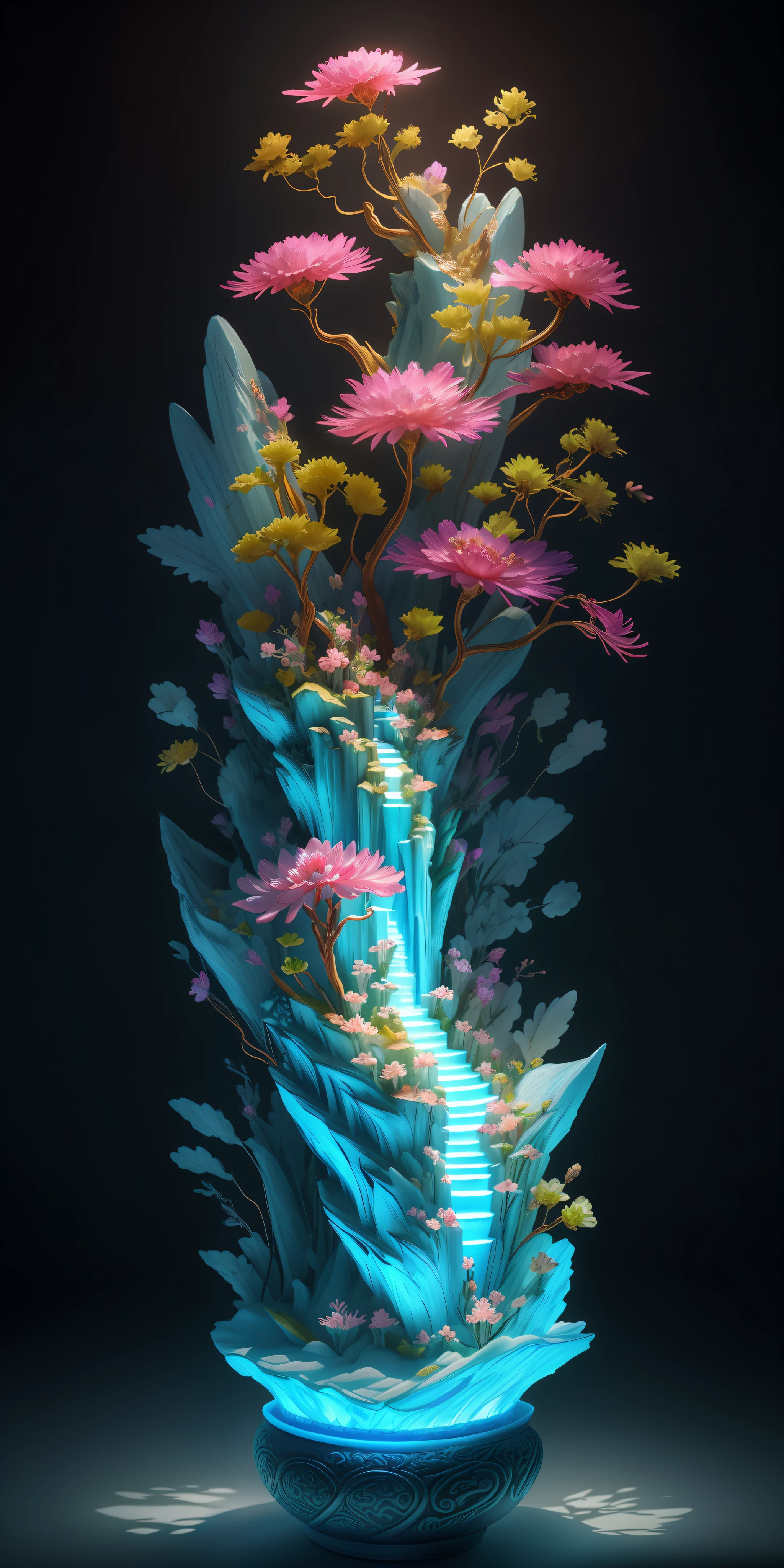 best quality, realistic, photorealistic, ultra detailed, "Mountain of Flower and Fruit+Fairy+Chinese Architecture" highly detailed carving on "southern ice" porcelain,Ultra wide angle,Accent Lighting,Volumetric Lighting,backlighting, (detailed light),((an extremely delicate and beautiful)),dramatic_shadow,ray_tracing,hdr