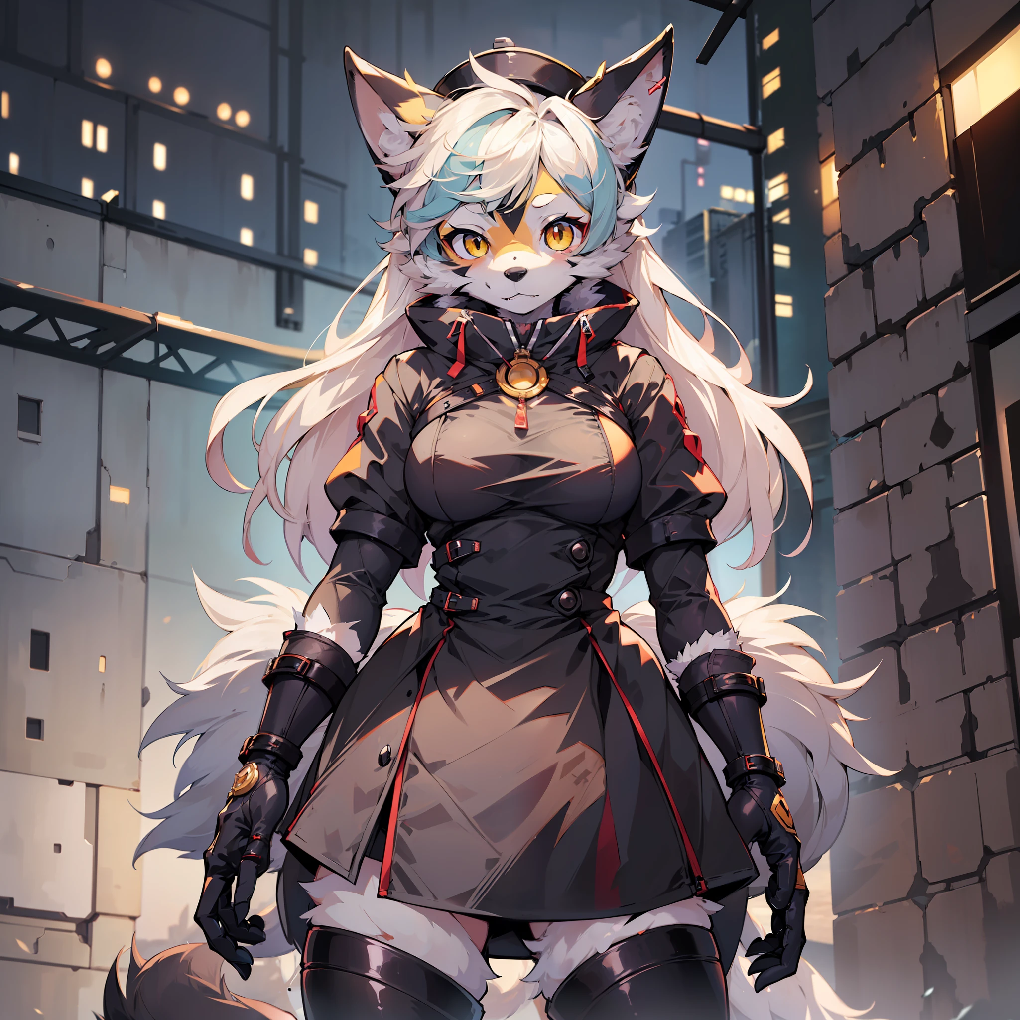 (1 girl :1.5) , in clothes like 2B, mechanized steel arms, (furries: 1.8), yellow bright eyes, very detailed, perfect quality, fur at the hem in clothes, (shepherd dog: 1.5)